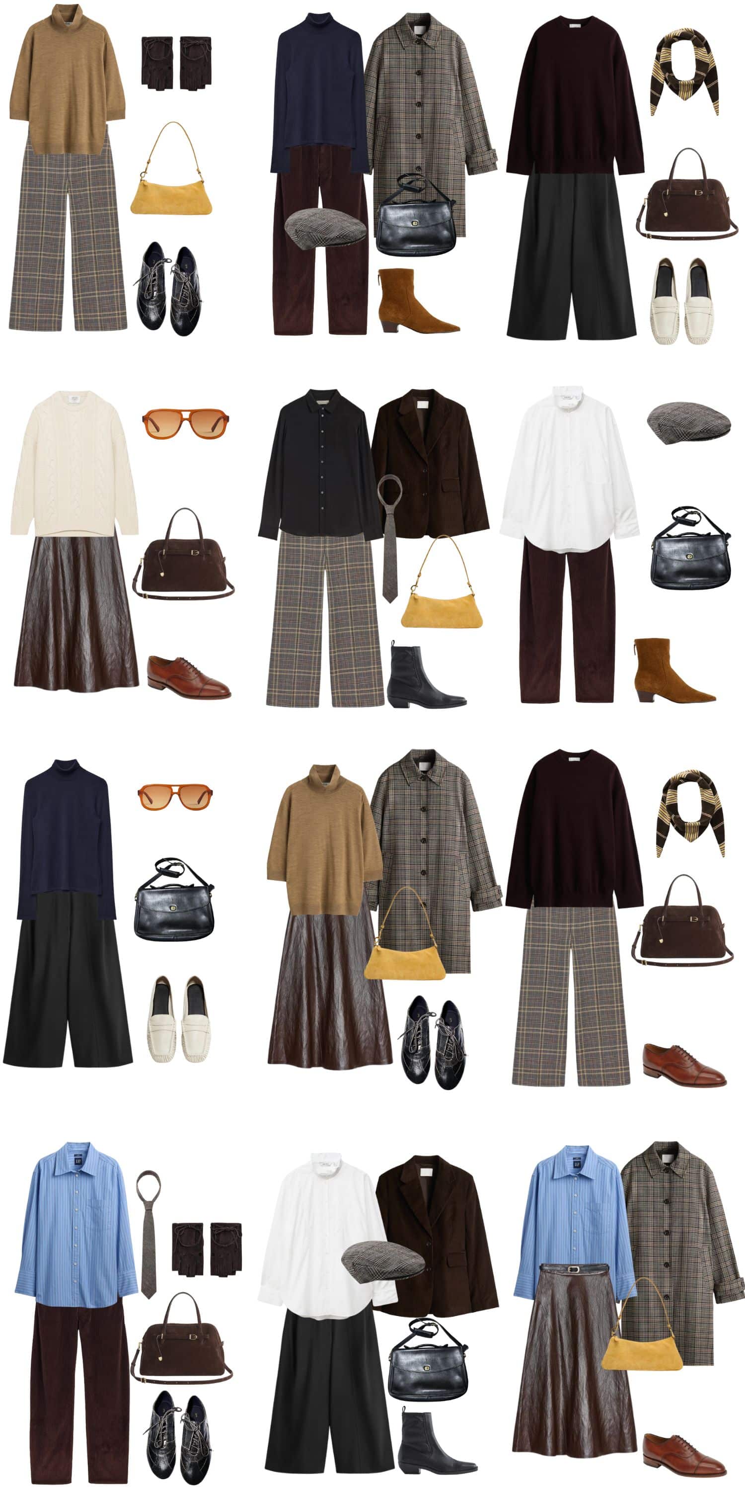 A white background with 12 outfits for Dark Academia Fall Capsule Wardrobe.