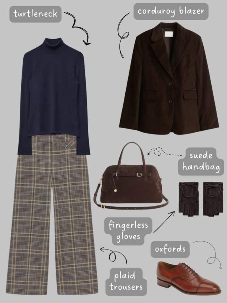 A photo of an outfit of a navy blue turtleneck, plaid trousers, a corduroy blazer, suede handbag, fingerless gloves, and oxfords.
