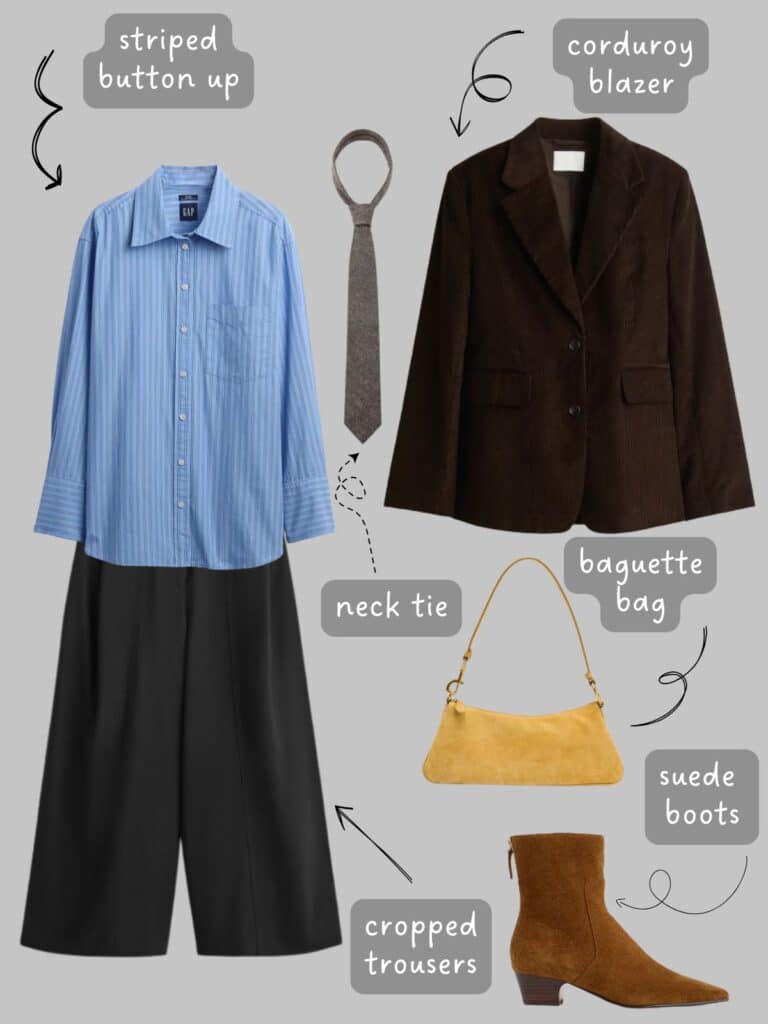 A photo of an outfit of a blue button up, black cropped pants, a corduroy blazer, neck tie, suede baguette, and brown boots.