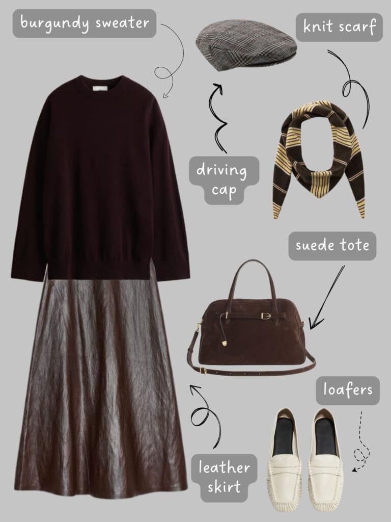 A photo of an outfit of a sweater and faux leather skirt in the same colour, a driving cap, knit scarf, brown suede handbag, and cream loafers.