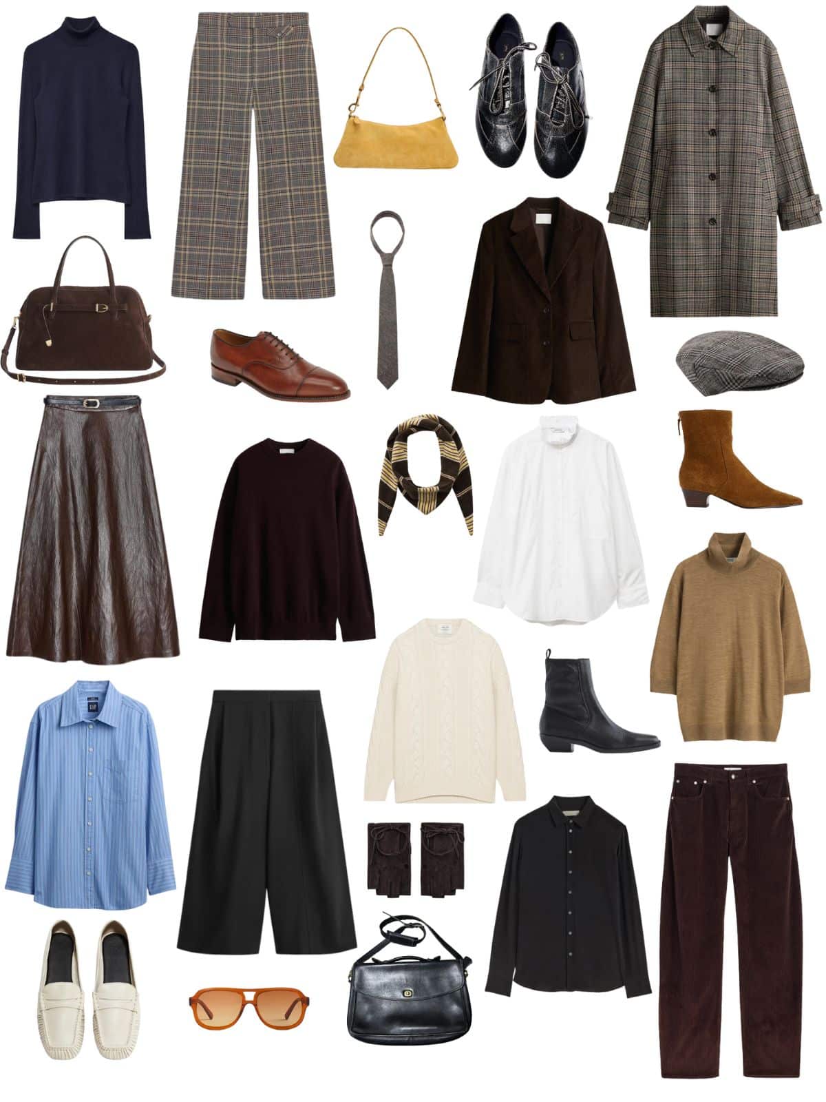A white background with 12 pieces of clothing plus shoes and accessories for a Dark Academia Fall Capsule Wardrobe.