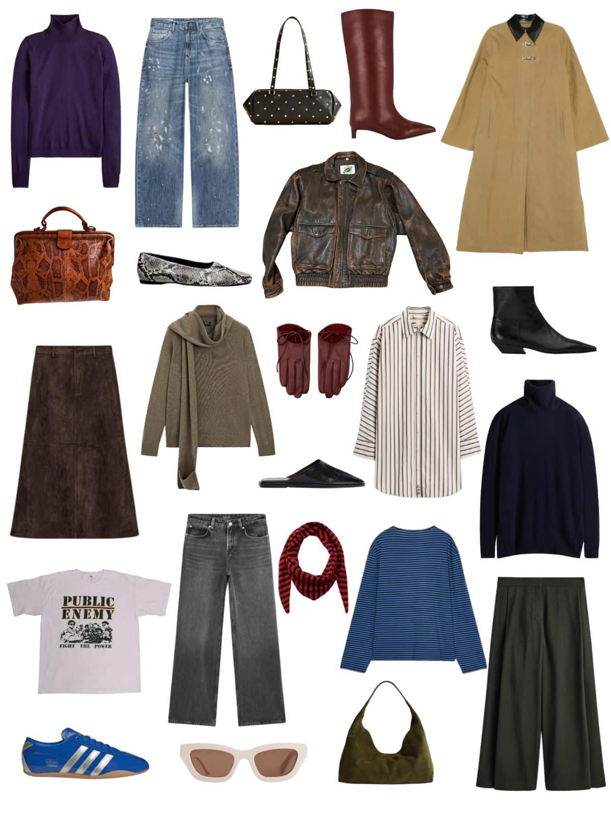 A white background with 12 pieces of clothing plus shoes and accessories for a Fall Capsule Wardrobes After 40: Dressing for Yourself, Not the Rulebook.