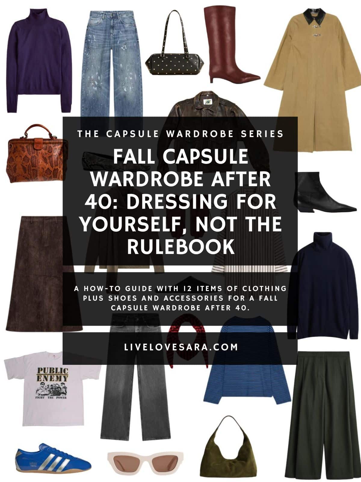 A white background with 12 clothing items plus shoes and accessories for a Fall Capsule Wardrobes After 40. In the middle is a black box with white text that reads, "Fall Capsule Wardrobes After 40: Dressing for Yourself, Not the Rulebook."