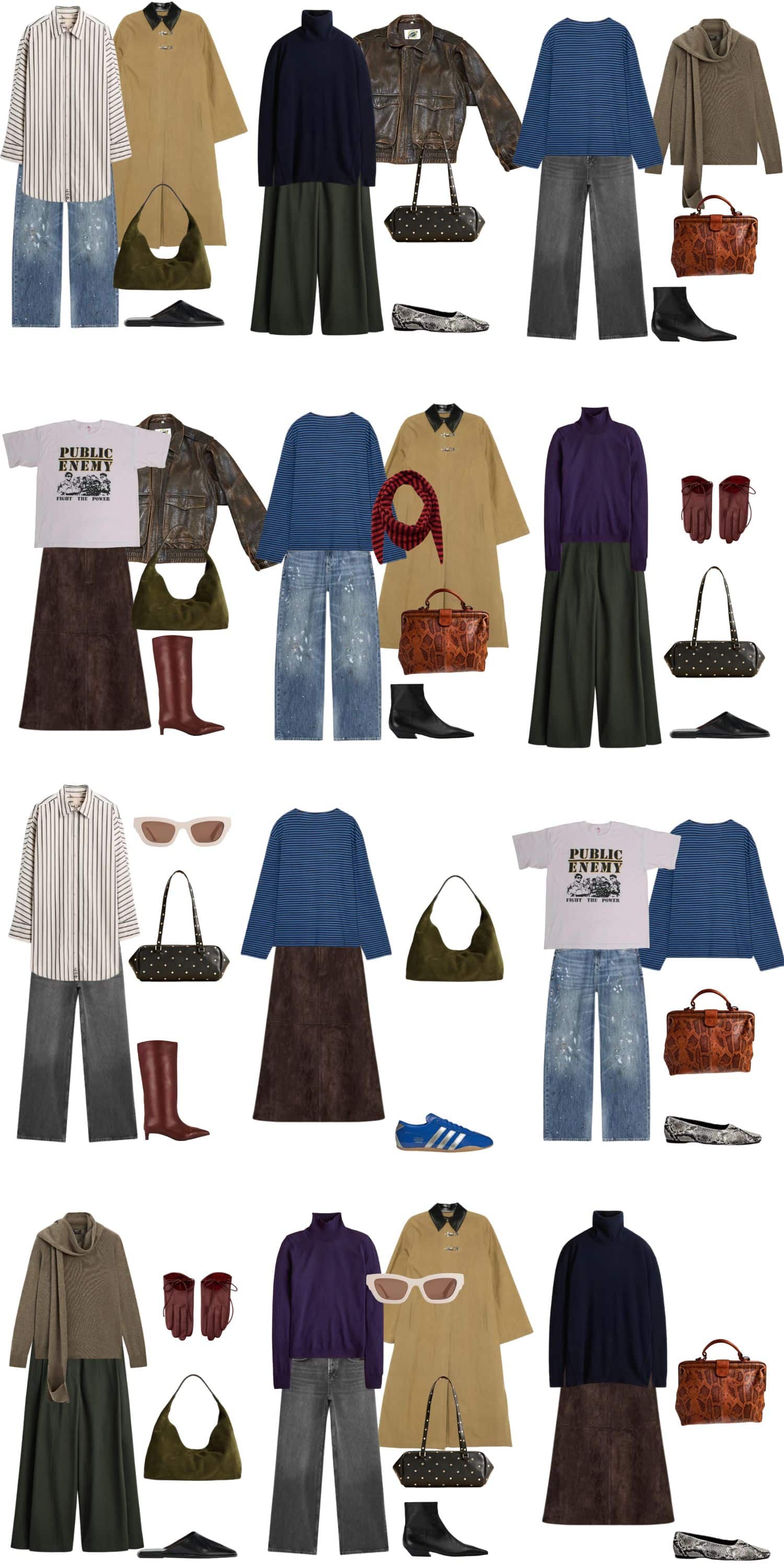 A white background with 12 outfits for Fall Capsule Wardrobes After 40.