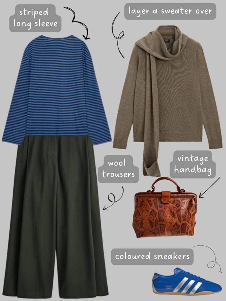 A photo of an outfit of a blue striped long sleeve to layer under a sweater with a scarf, wide wool trousers, blue Adidas, and a vintage snake print bag,