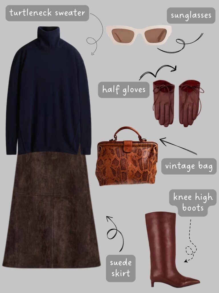 A photo of an outfit of an oversized turtleneck sweater, suede skirt, knee high boots, half gloves, white sunglasses, and a vintage snake print bag.