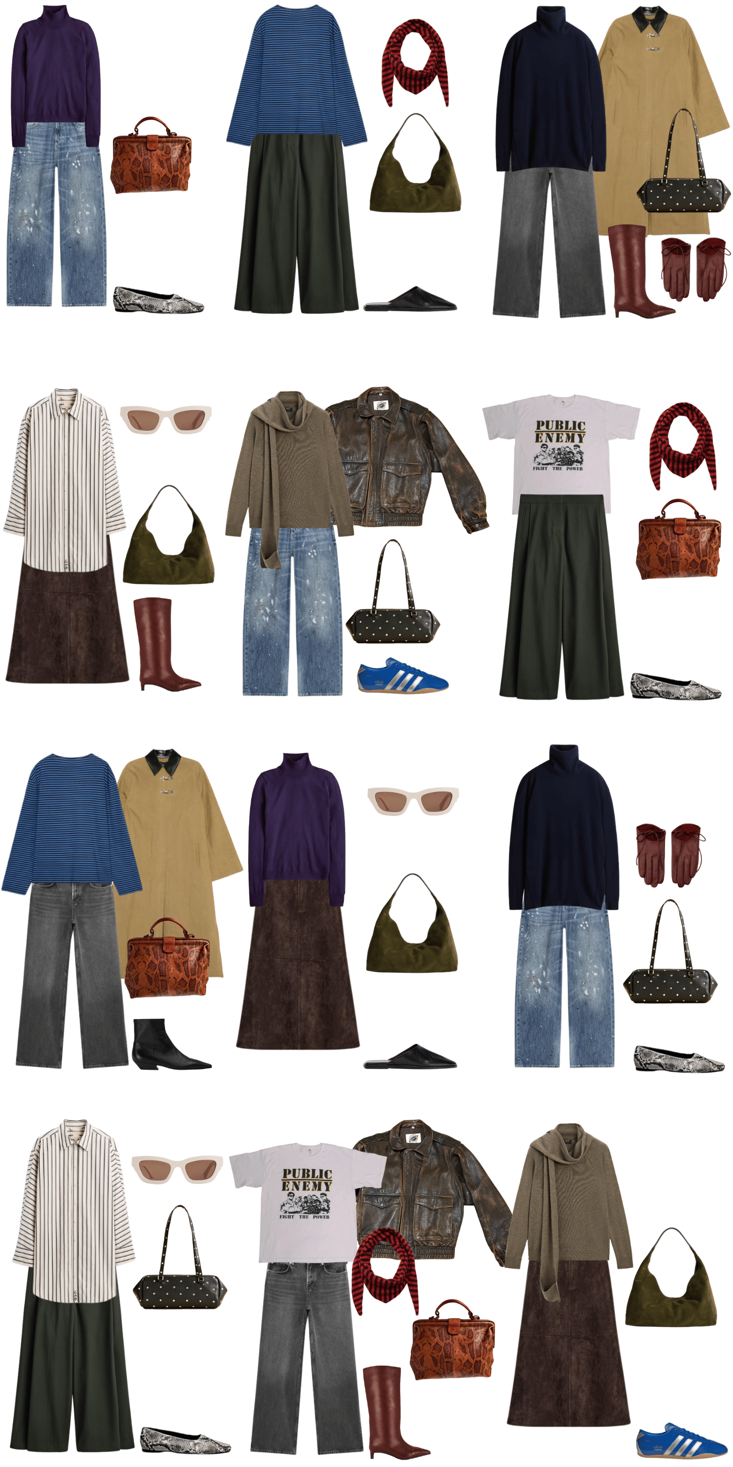 A white background with 12 outfits for Fall Capsule Wardrobes After 40.