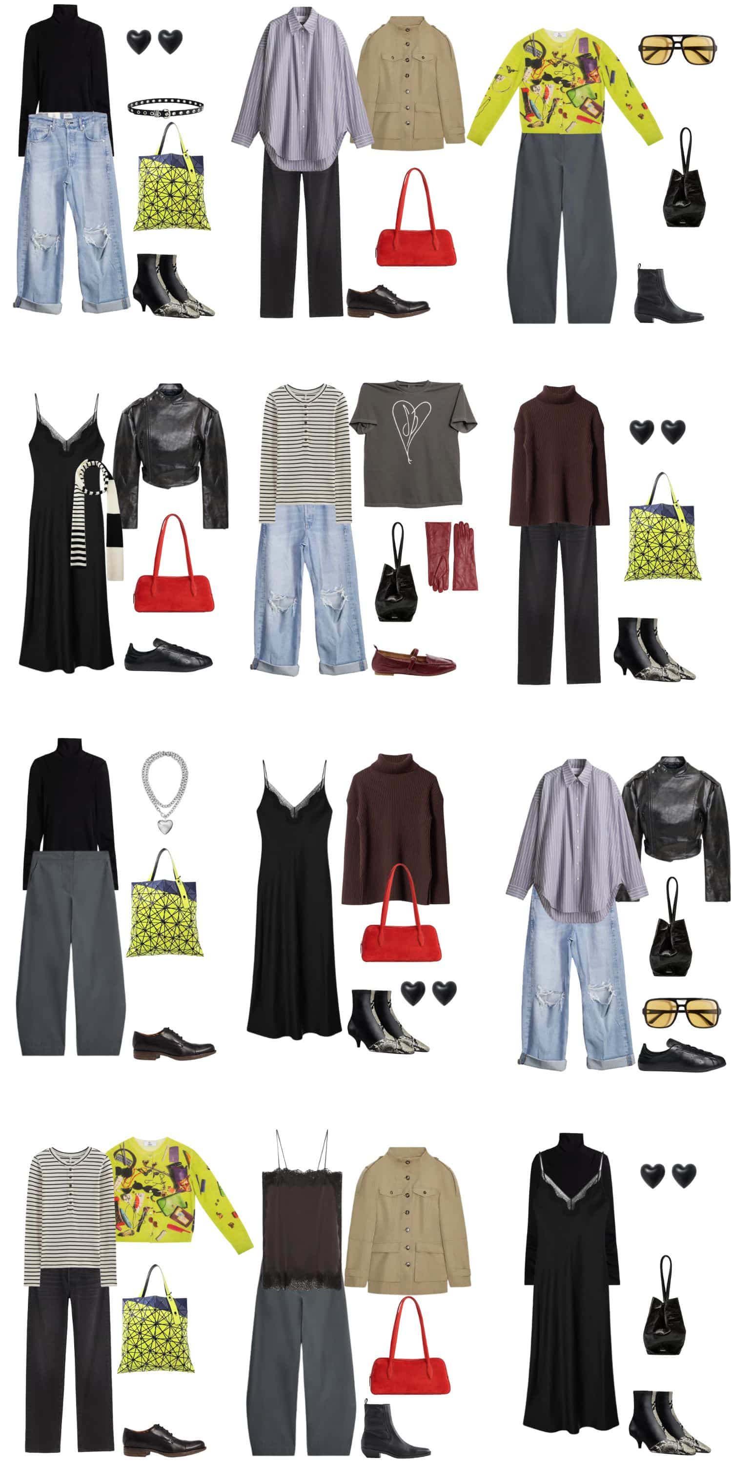 A white background with 12 outfits for Indie Sleek: A Fall Capsule Wardrobe with Edge.