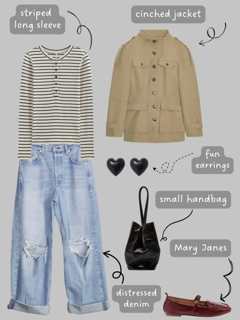 A photo of an outfit of a striped long sleeve with a cinched jacket, distressed denim, heart earrings, a small handbag, and burgundy mary janes.