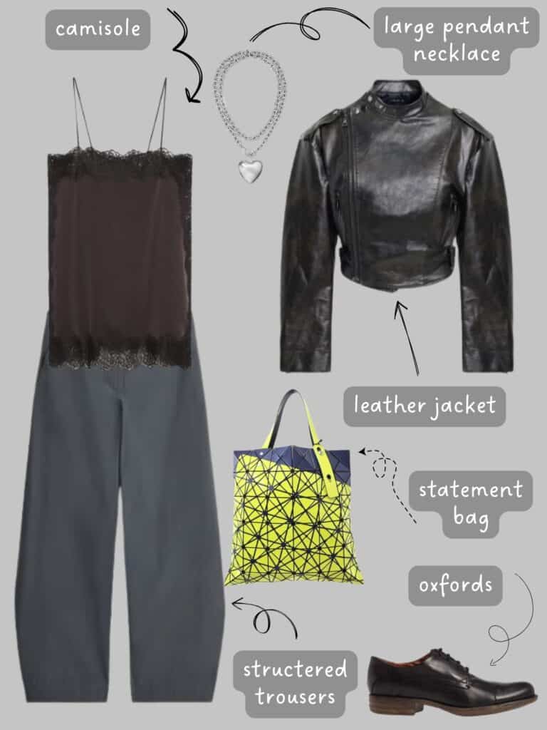 A photo of an outfit of a camisole with structured trousers, a leather jacket, pendant necklace, Issey Miyake bag, and oxfords.
