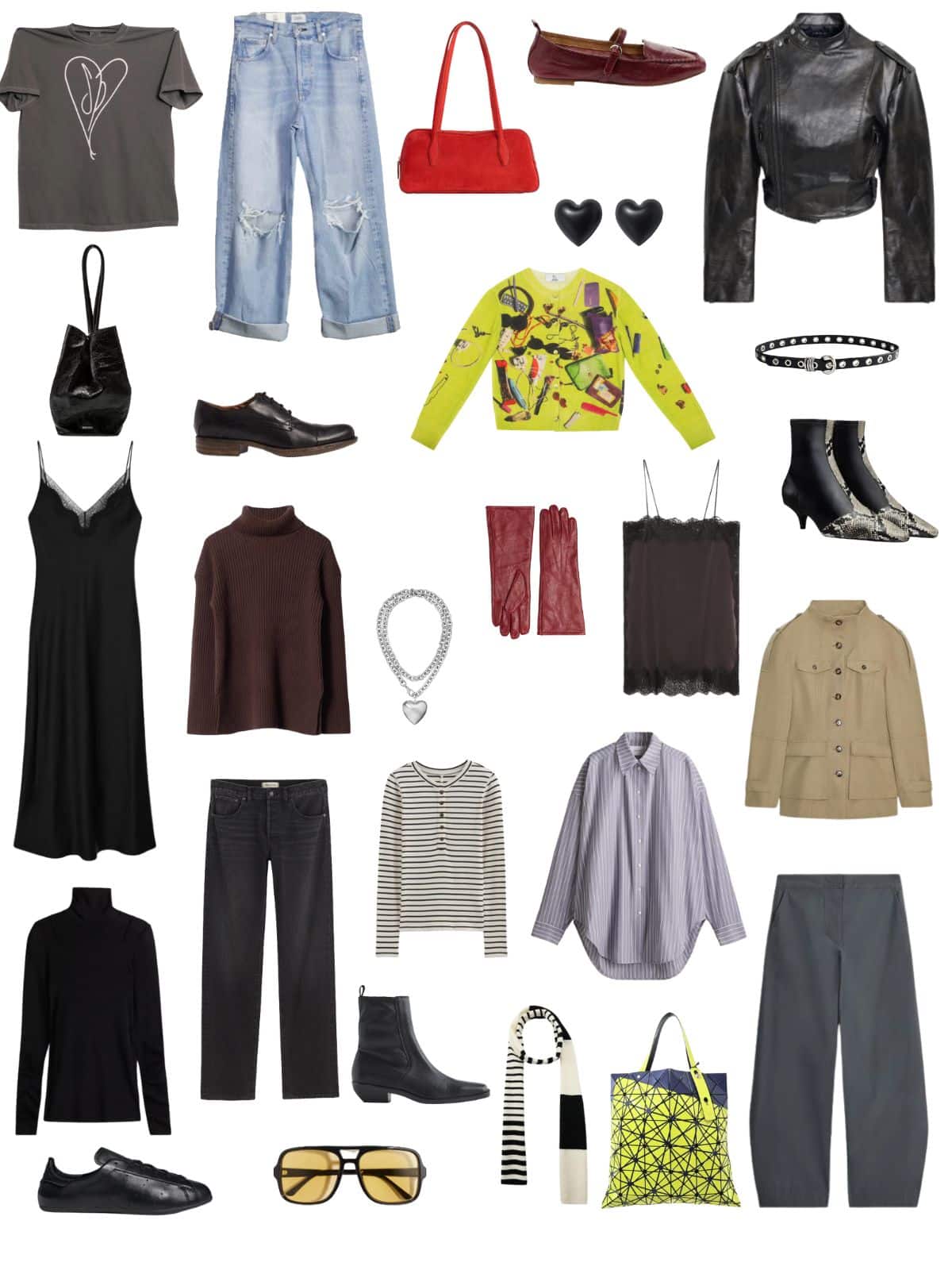A white background with 12 pieces of clothing plus shoes and accessories for Indie Sleek: A Fall Capsule Wardrobe with Edge.