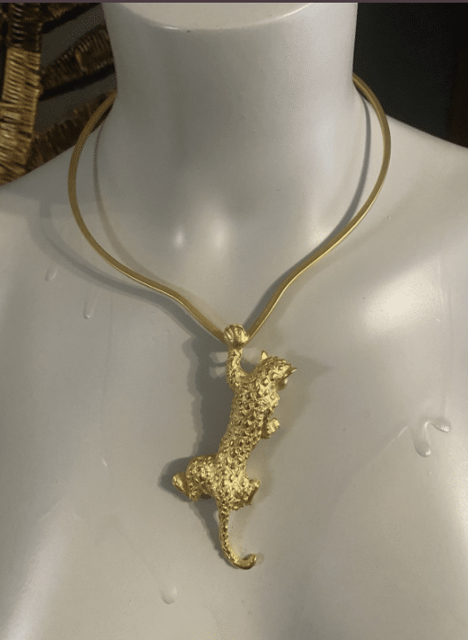 Vintage Matte Gold Climbing Jaguar Pendant Panther On A Choker Cuff Necklace