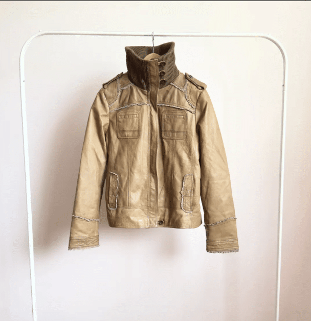 brown leather high collar zip front jacket