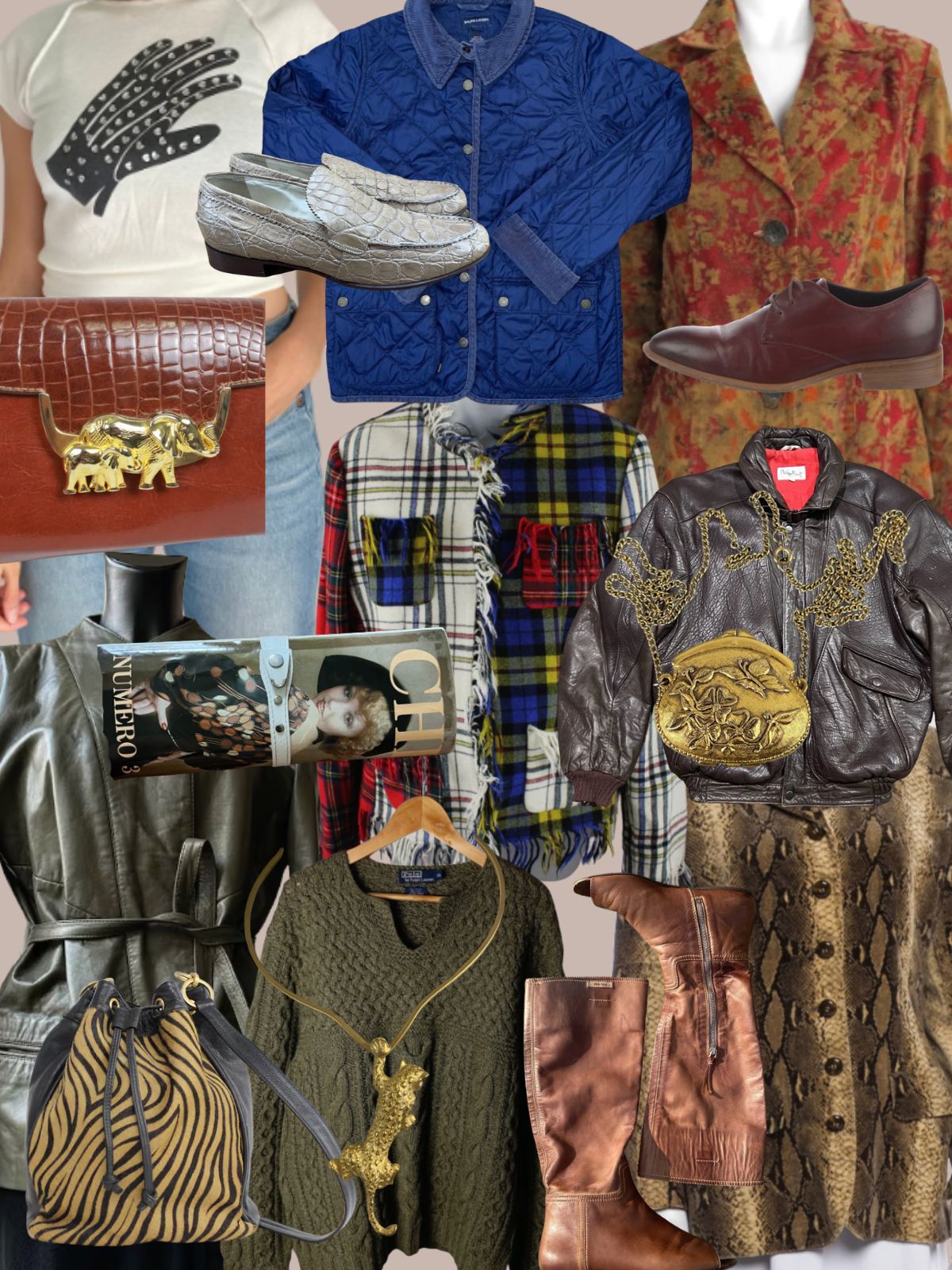 a collage of different types of women's clothing and accessories. All vintage or secondhand.