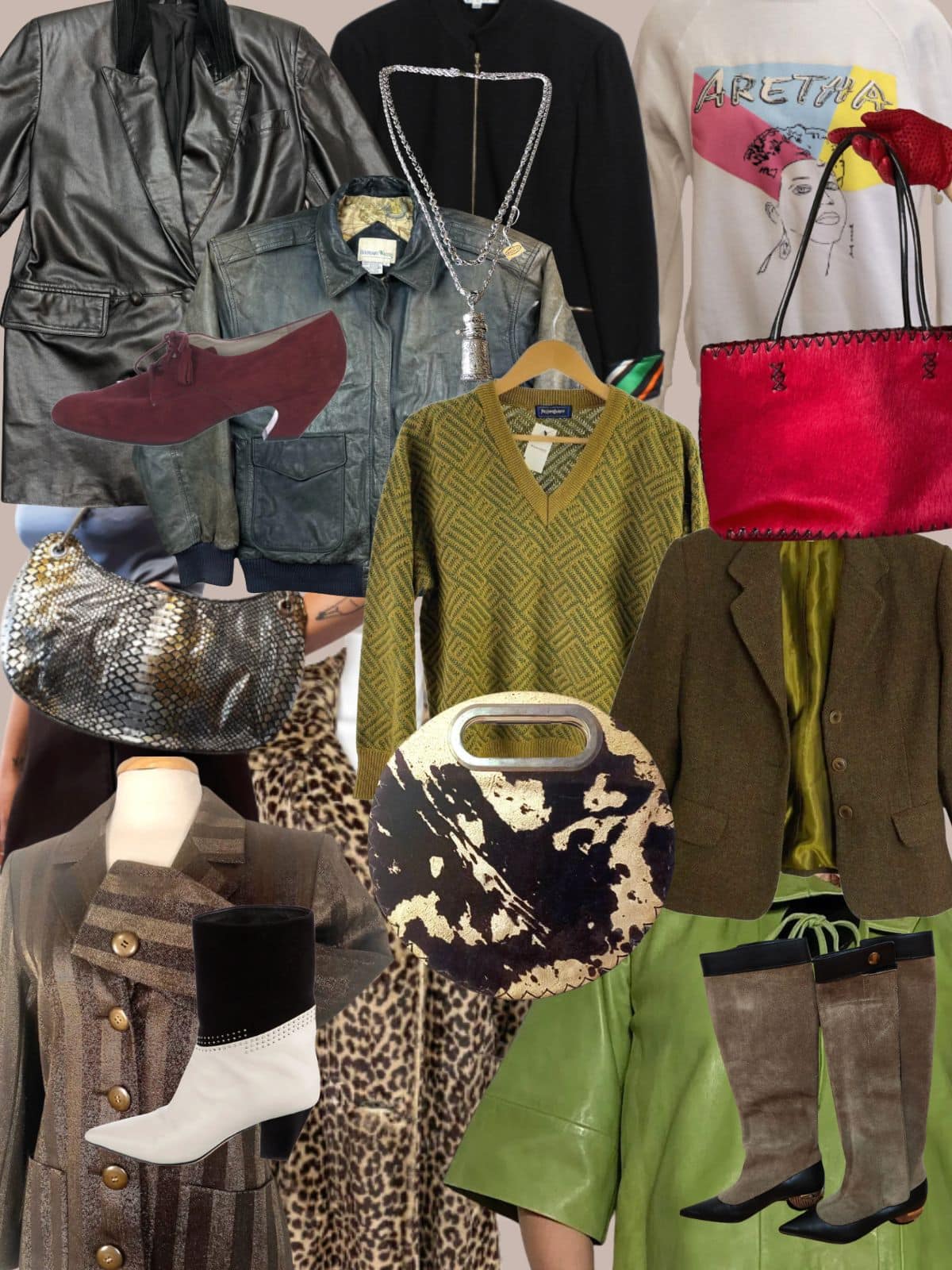 a collage of different types of women's clothing and accessories. All vintage or secondhand.