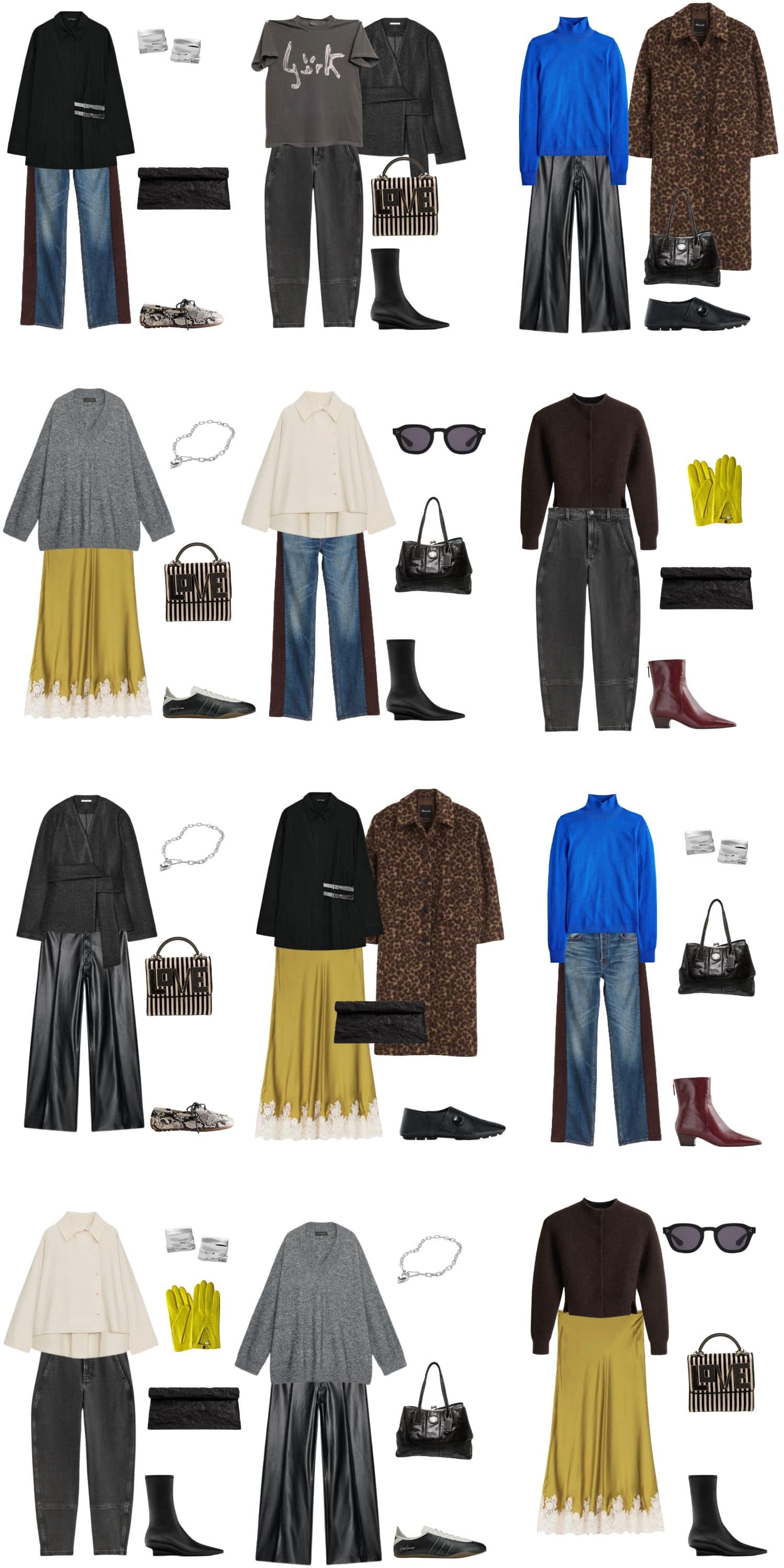 A white background with 12 outfits for an Eclectic Minimalist Fall Capsule Wardrobe.