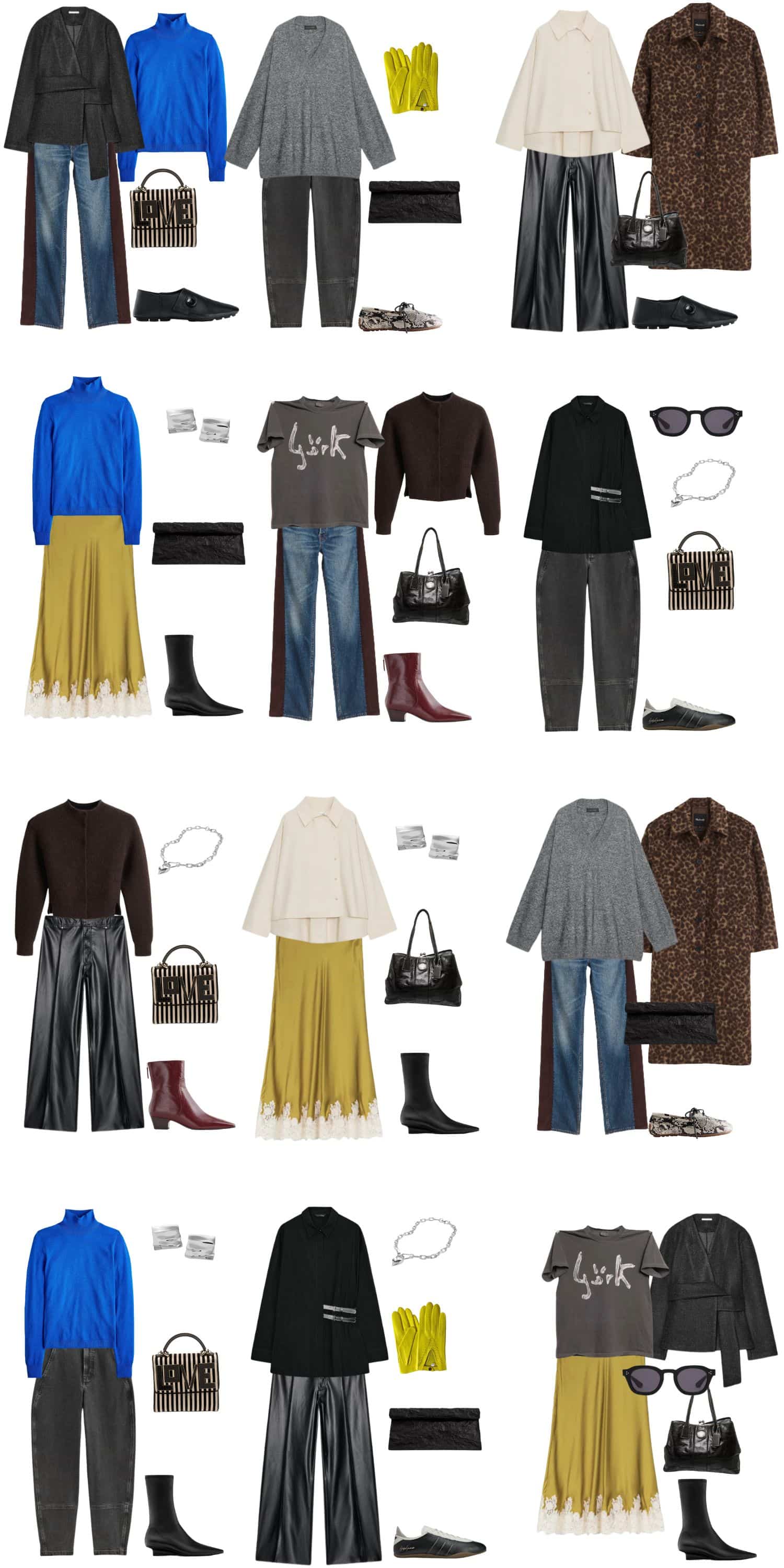 A white background with 12 outfits for an Eclectic Minimalist Fall Capsule Wardrobe.