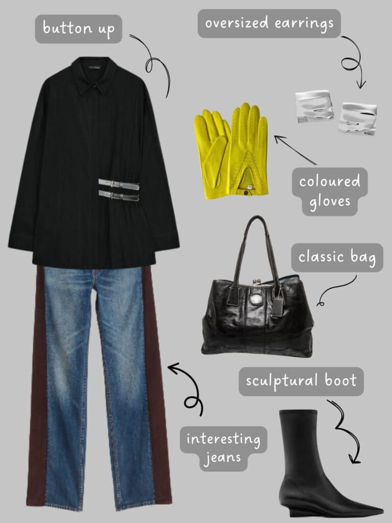 A photo of an outfit of a black button up, panelled jeans, a black bag, yellow gloves, large earrings, and black boots.
