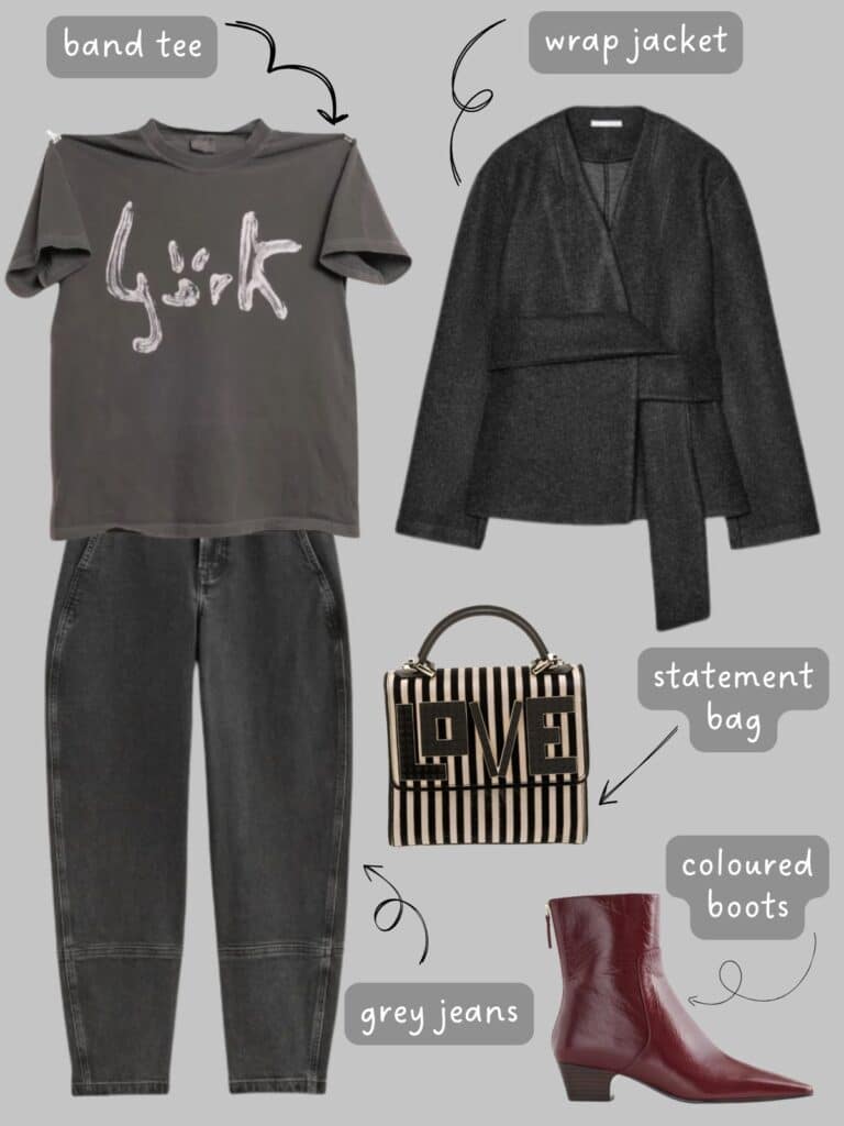 A photo of an outfit of a Bjork tee, a wrap blazer, grey jeans, burgundy boots, and a striped bag.