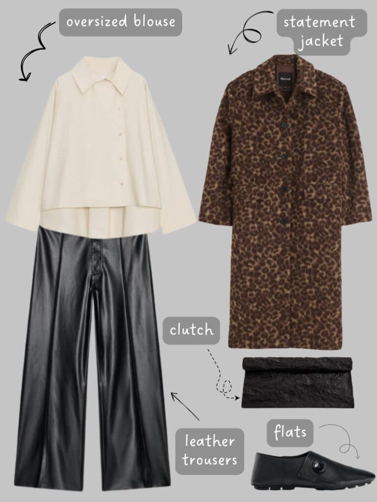 A photo of an outfit of an oversized blouse, leather trousers, an animal print coat, a clutch, and black flats.
