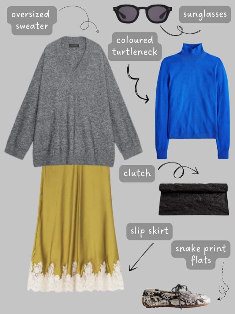 A photo of an outfit of an oversized sweater with a blue turtleneck, a slip skirt, animal print shoes, and a clutch.