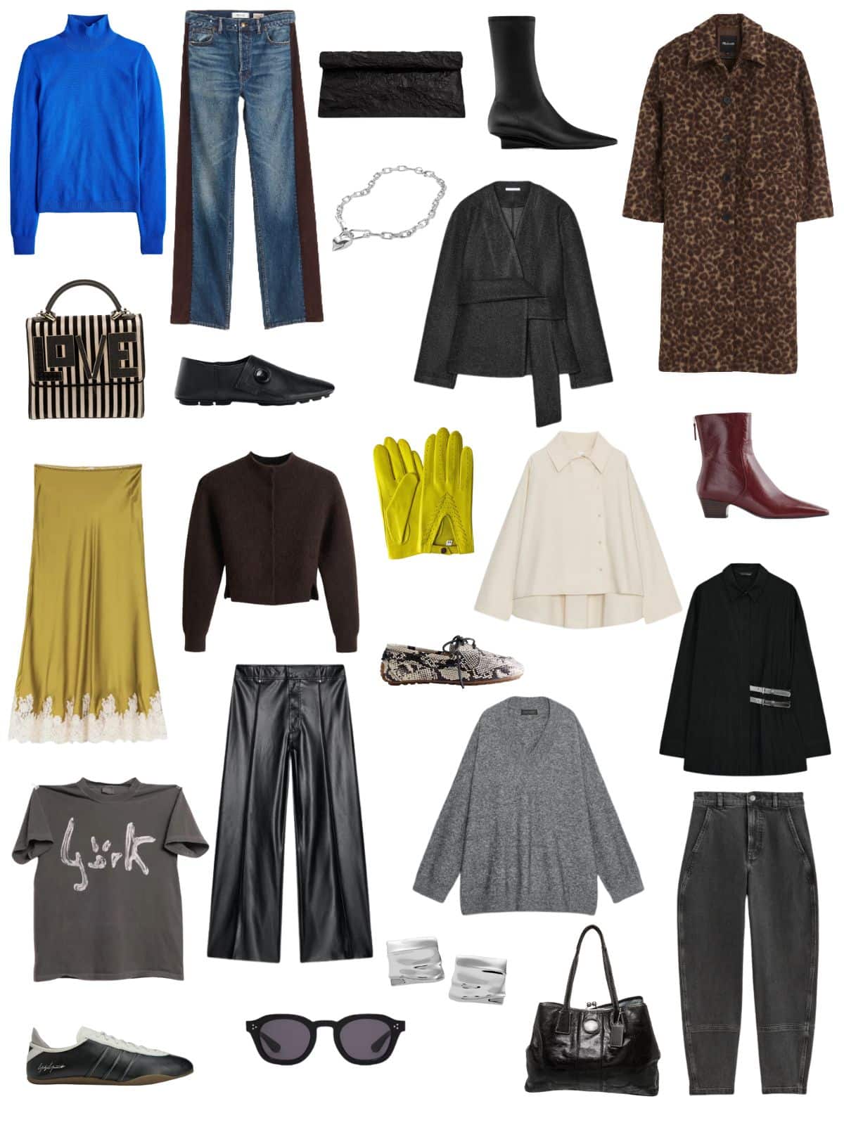 A white background with 12 pieces of clothing plus shoes and accessories for an Eclectic Minimalist: How to Build a Fall Capsule Wardrobe That’s Simple but Never Boring.