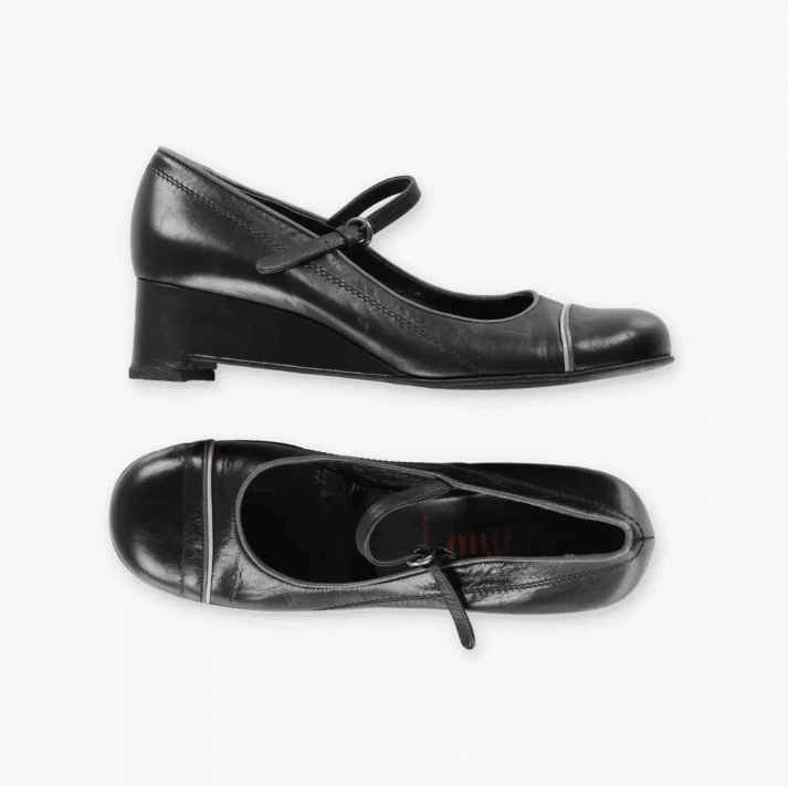 Vintage MIU MIU Leather Wedge Heel Square Toe Mary Janes
