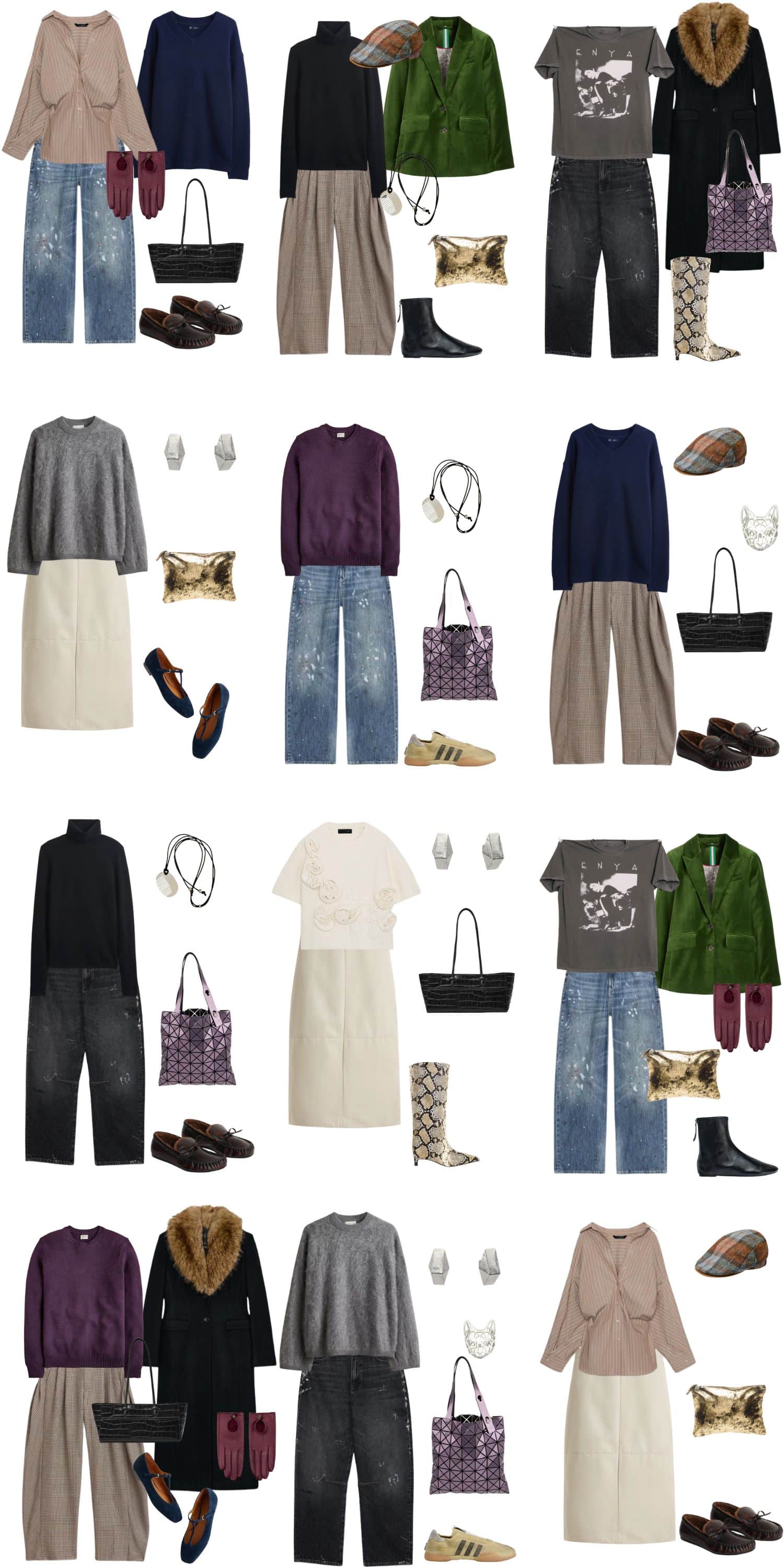 A white background with 12 outfits for an Art School Inspired Fall Capsule Wardrobe.