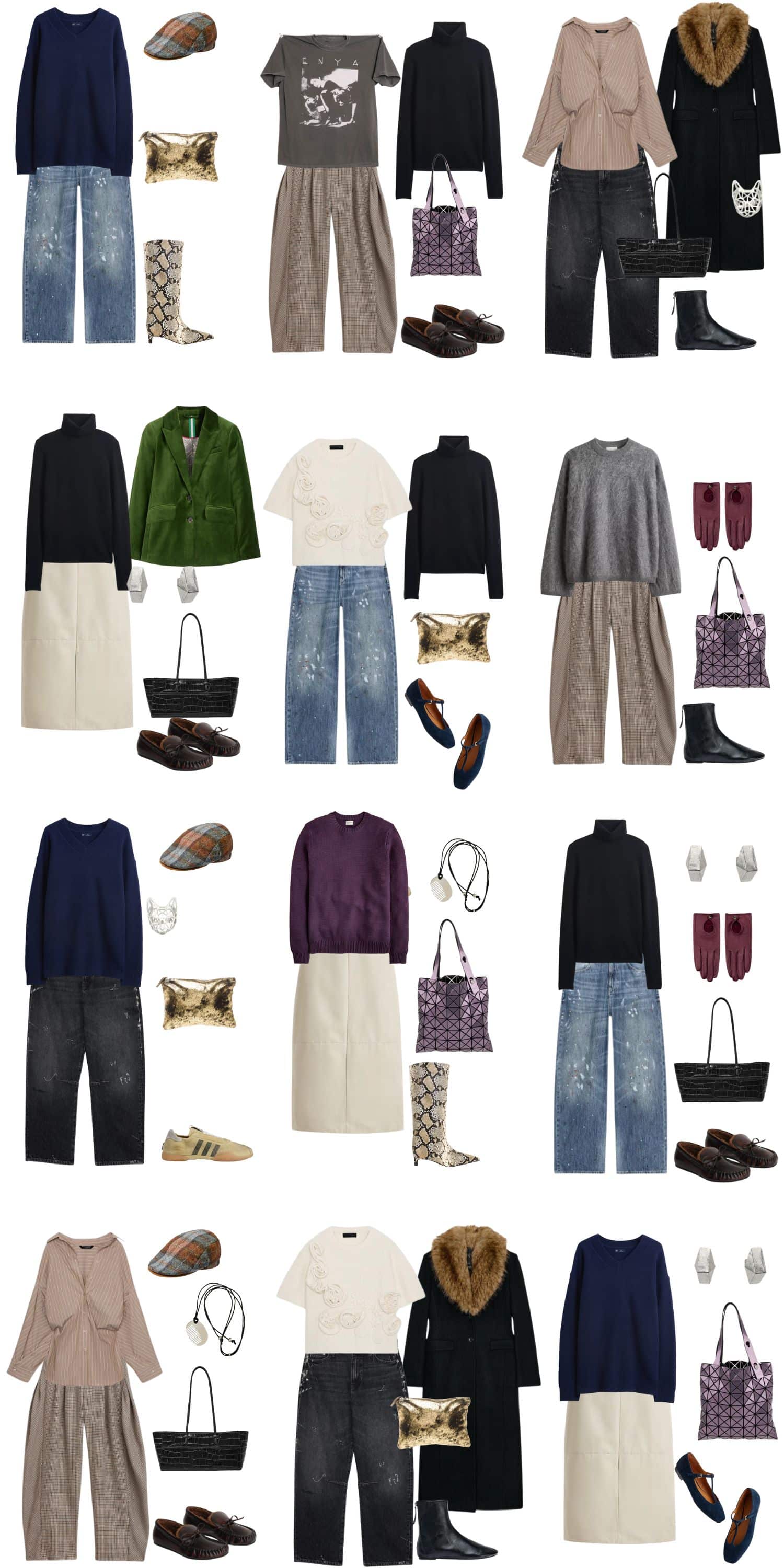 A white background with 12 outfits for an Art School Inspired Fall Capsule Wardrobe.