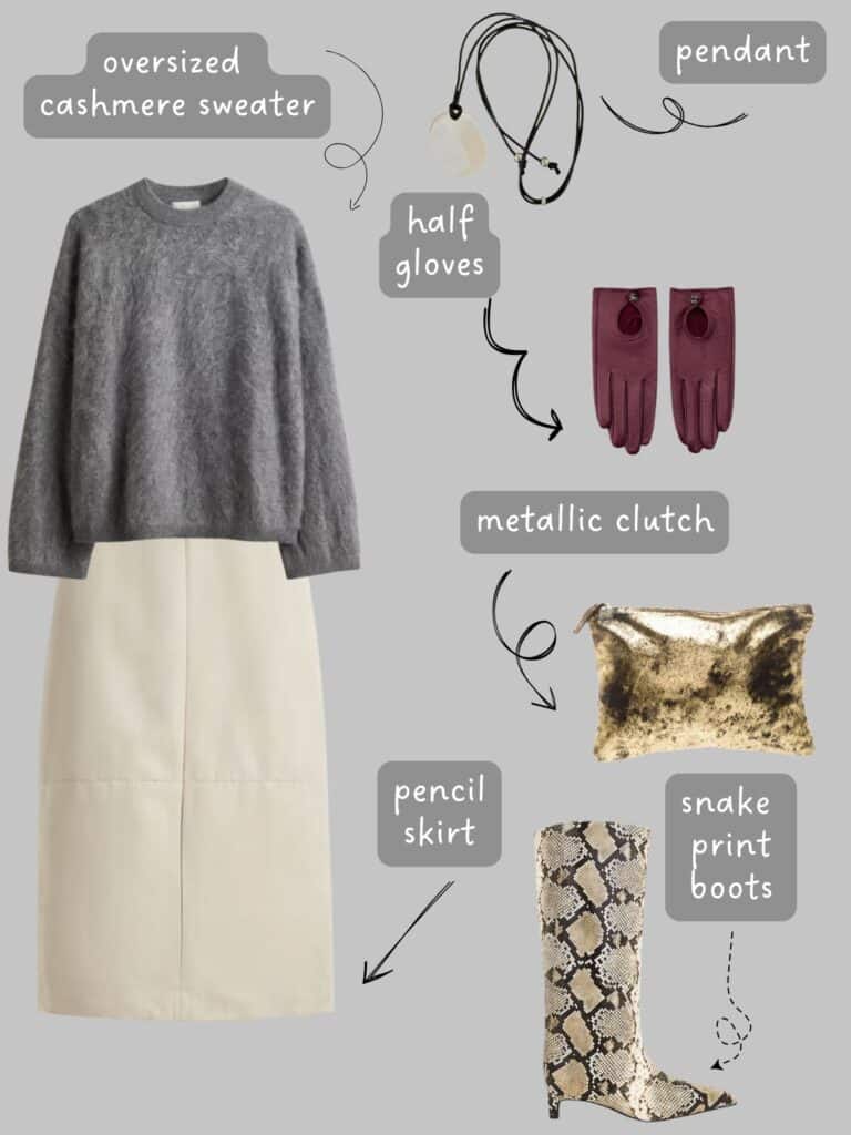 A photo of an outfit of an oversized brushed cashmere sweater, cream pencil skirt, half gloves, a metallic clutch, and snake print high boots.