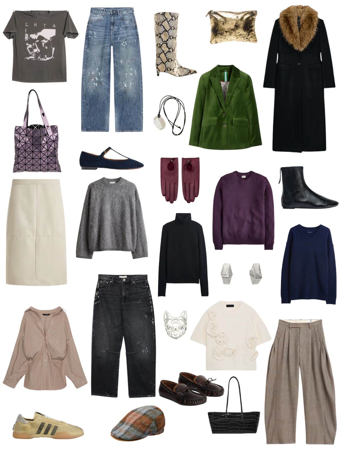 A white background with 12 pieces of clothing plus shoes and accessories for The Art School Capsule Wardrobe for Fall Effortless, Interesting, and Perfectly Imperfect.