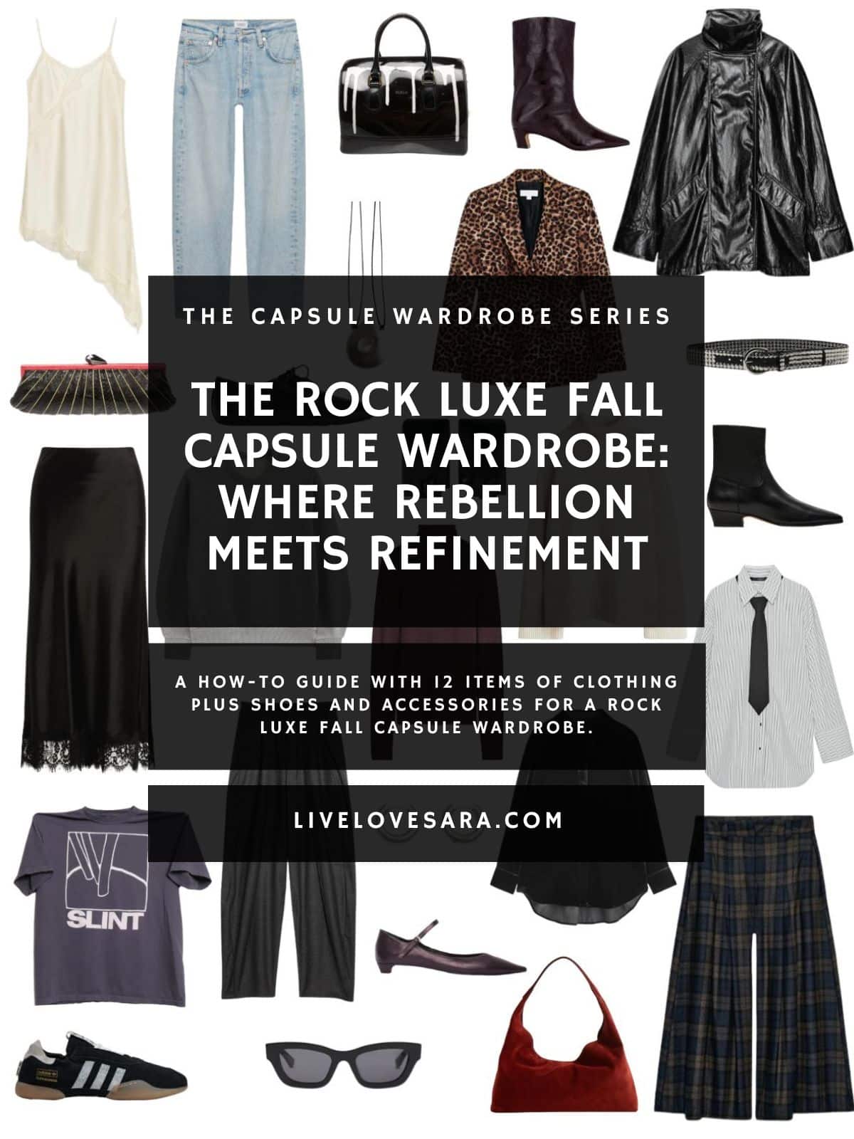 A white background with 12 clothing items plus shoes and accessories for a Rock Luxe Fall Capsule Wardrobe. In the middle is a black box with white text that reads, "The Rock Luxe Fall Capsule Wardrobe: Where Rebellion Meets Refinement."