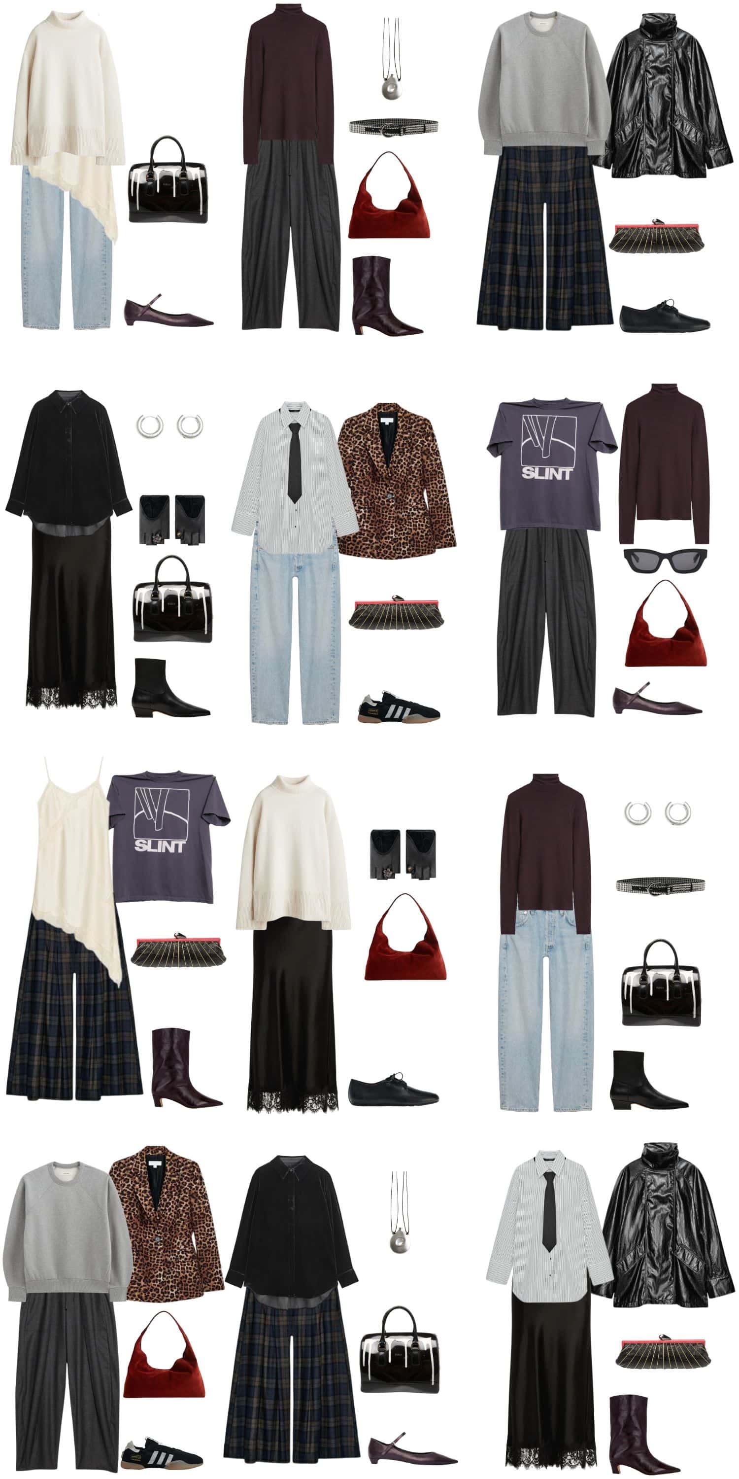 A white background with 12 outfits for a Rock Luxe Fall Capsule Wardrobe.