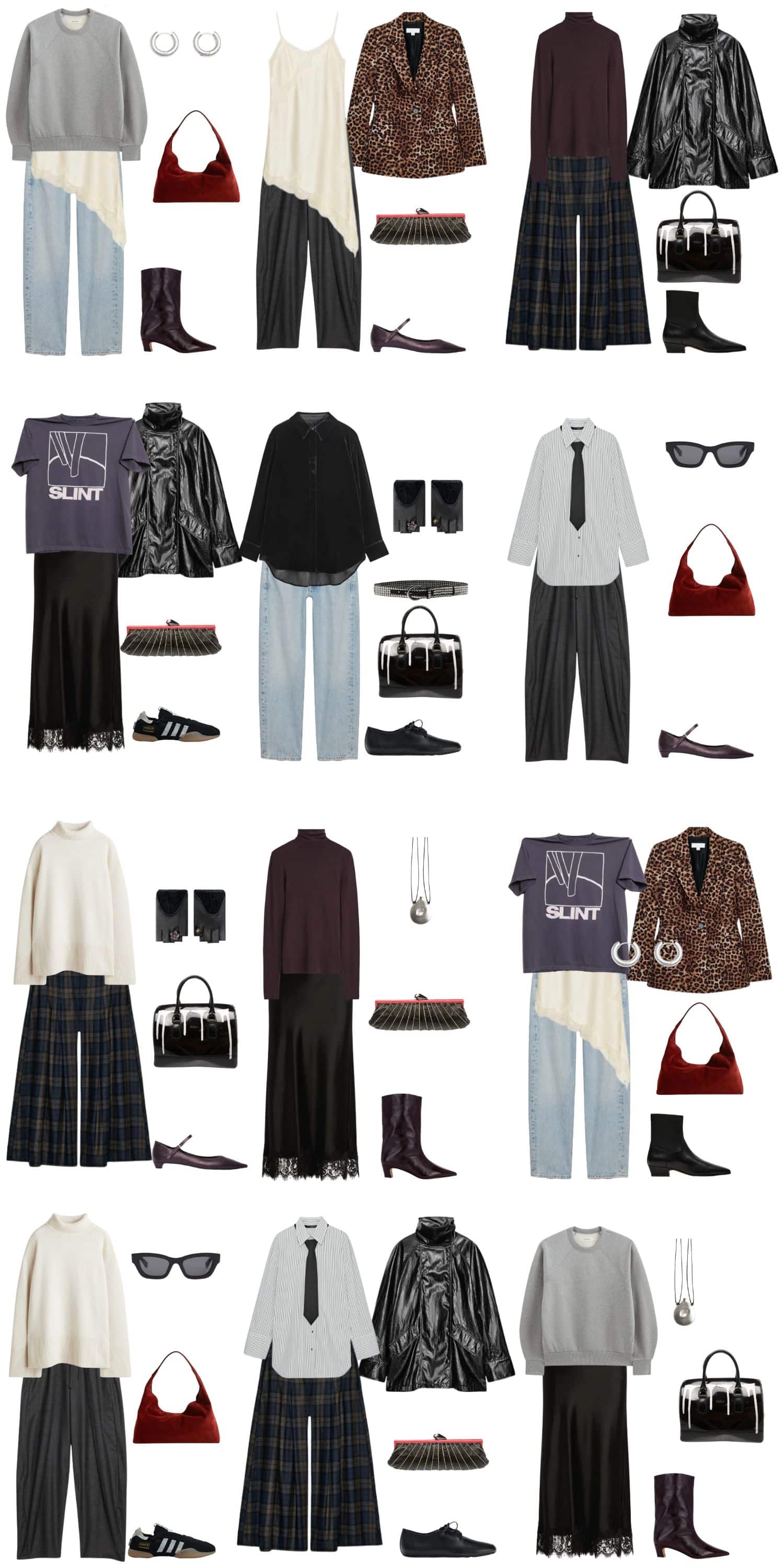 A white background with 12 outfits for a Rock Luxe Fall Capsule Wardrobe.