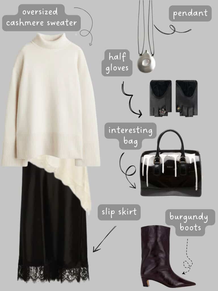 A photo of an outfit of an oversized sweater layered over a camisole, a slip skirt, pendant necklace, fingerless gloves, high boots, and a bag.