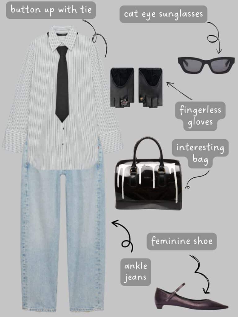 A photo of an outfit of a striped button up with neck tie, ankle jeans, fingerless gloves, sunglasses, mary jane heels, and a handbaf.