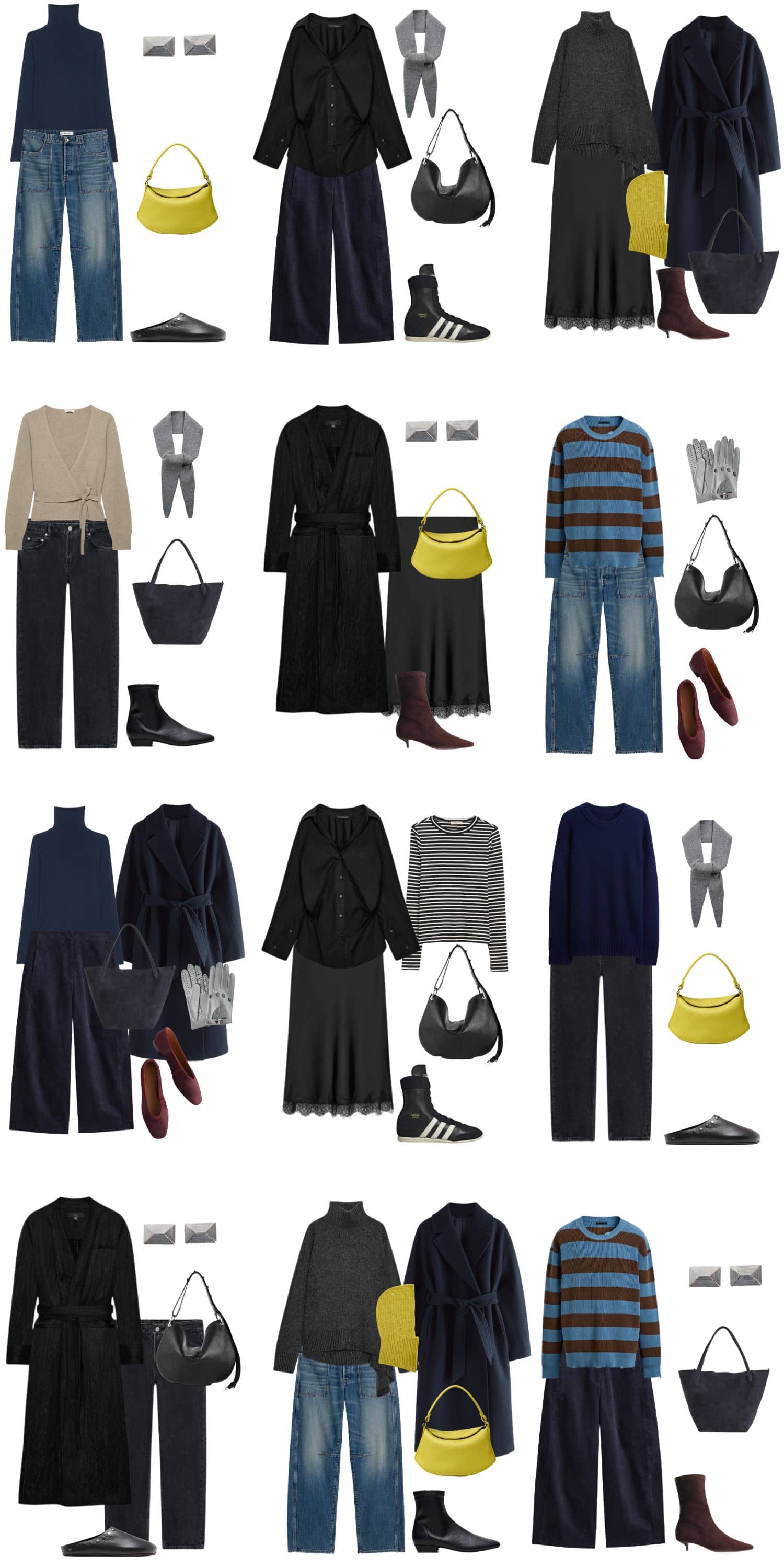 A white background with 12 outfits for Undone Minimalism, Effortless Winter Capsule Wardrobe.