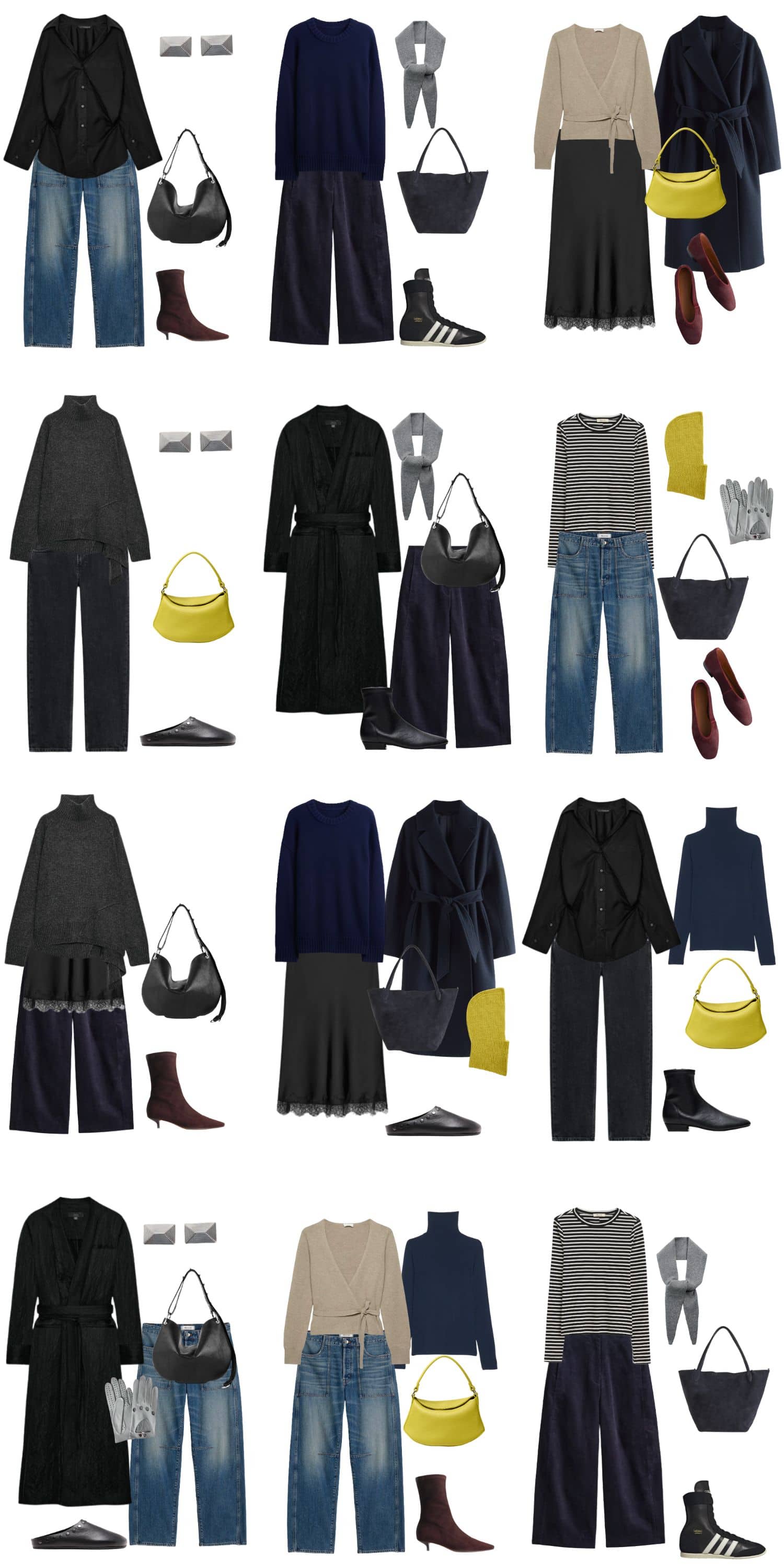 A white background with 12 outfits for Undone Minimalism, Effortless Winter Capsule Wardrobe.