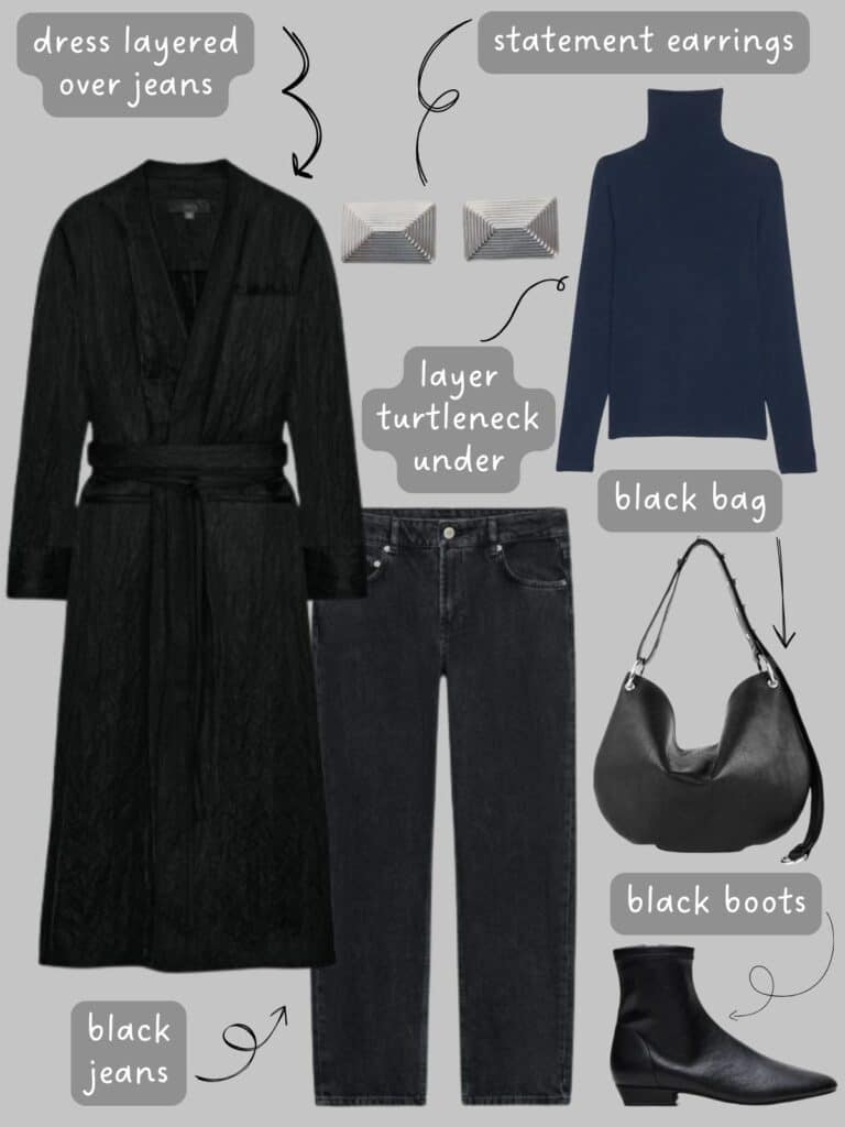 A photo of an outfit of a black dress layered over a navy turtleneck and black jeans, large silver earrings, a black slouchy bag, and black flat boots.