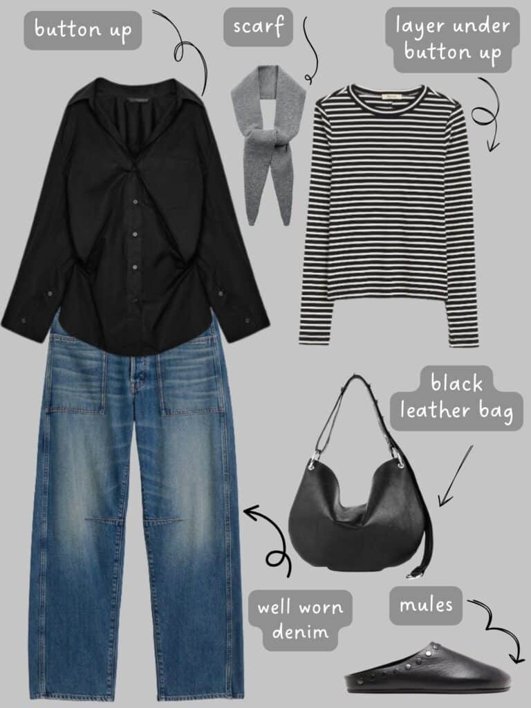 A photo of an outfit of an oversized button up layered over a striped long sleeve, faded jeans, a grey tie scarf, a black leather slouchy bag, and black leather mules.
