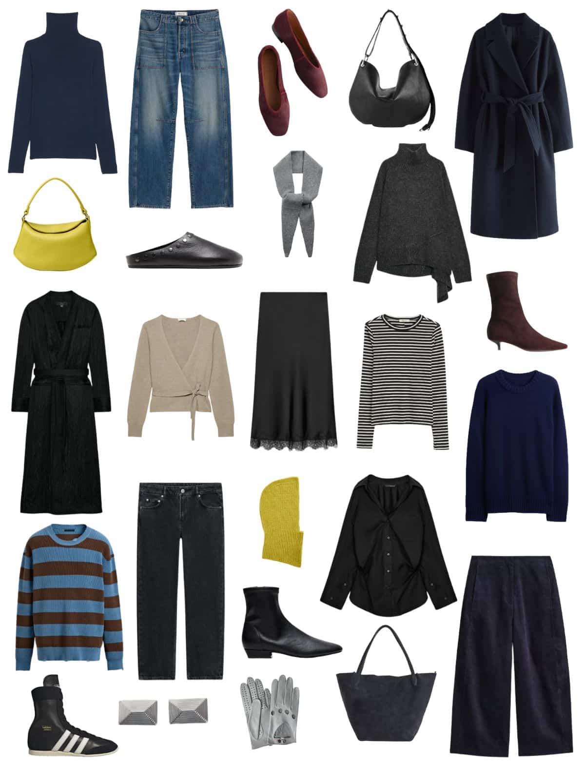 A white background with 12 outfits for Undone Minimalism, Effortless Winter Capsule Wardrobe