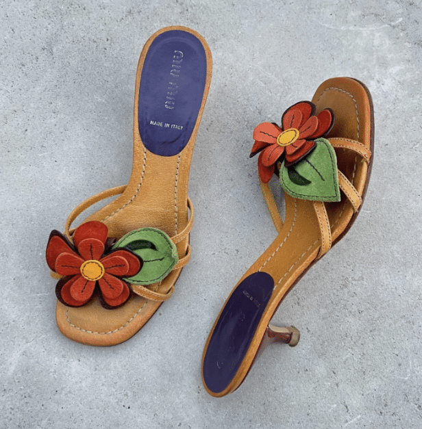 Miu Miu | Authentic Vintage Flower Appliqué Leather Mules Red Orange Strappy