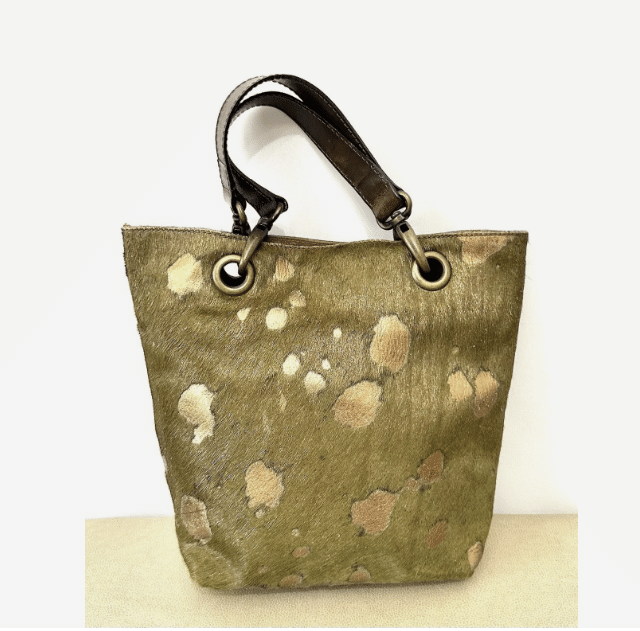 Maurizio Taiuti Vintage Calf Hair Leather Cocktail Satchel Bag Green & Gold