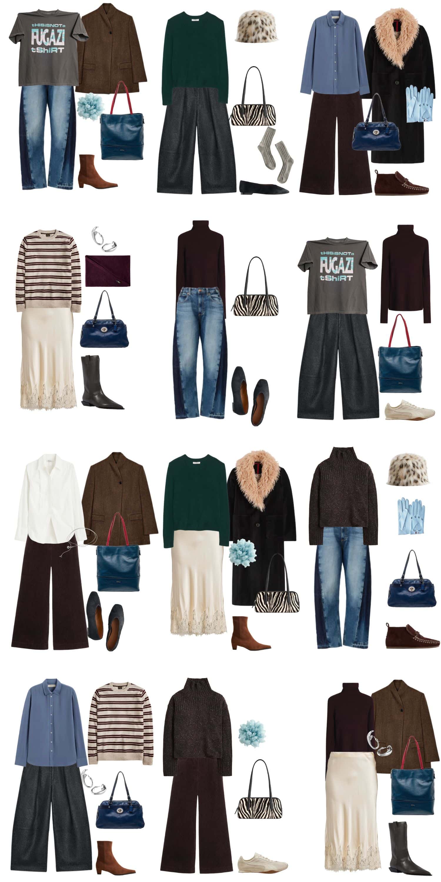 A white background with 12 outfits for The Moody Introvert Winter Capsule Wardrobe.