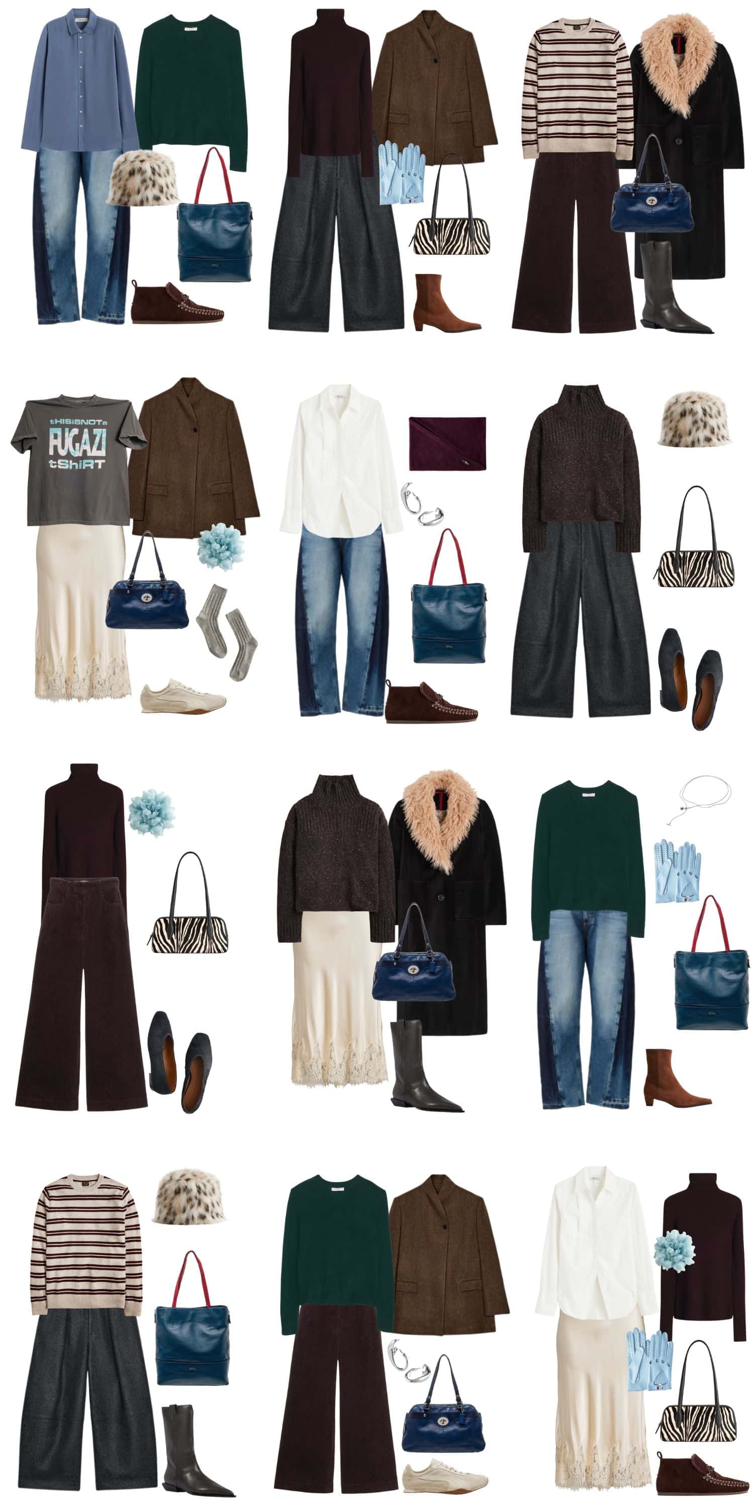 A white background with 12 outfits for The Moody Introvert Winter Capsule Wardrobe.