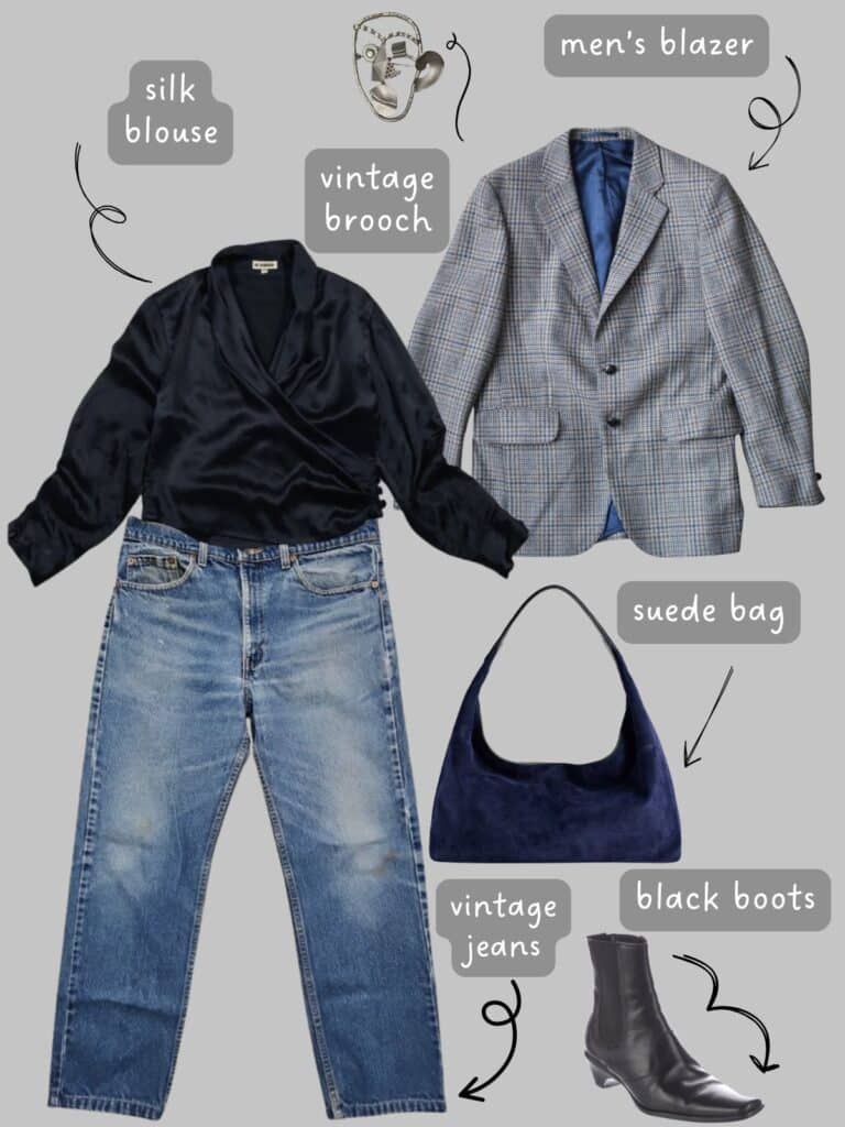A photo of an outfit of a black silk blouse, vintage levis, a men's vintage blazer, a vintage brooch, black boots, and a navy blue suede bag.