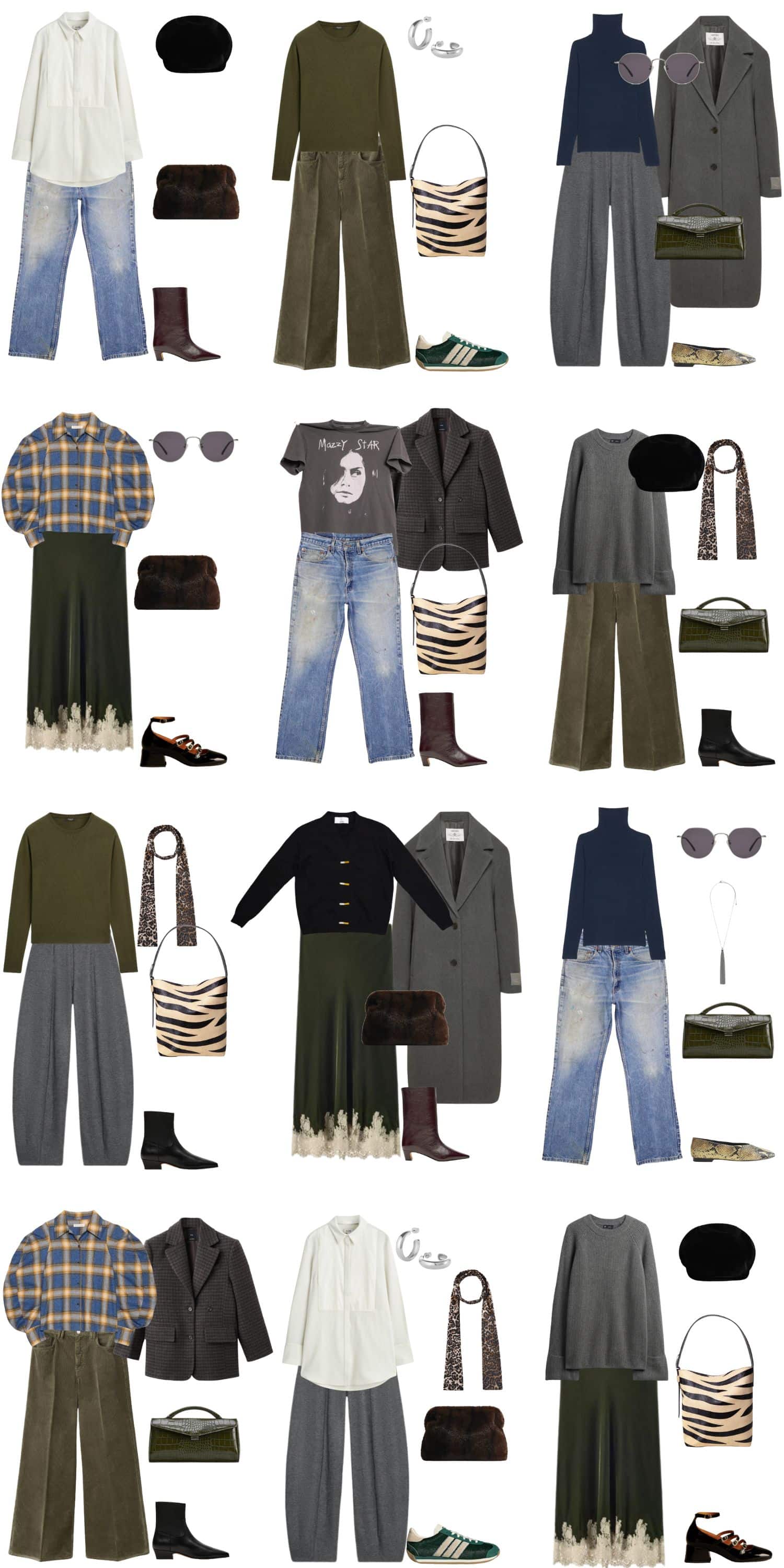 A white background with 12 outfits for The Soft Grunge Revival Winter Capsule Wardrobe.