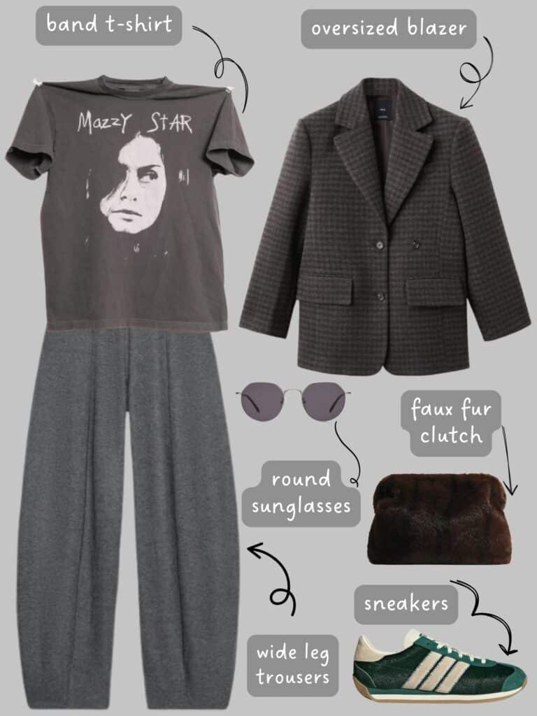 A photo of an outfit of a Mazzy Star t-shirt, oversized blazer, grey trousers, round sunglasses, a faux fur clutch, and green sneakers.