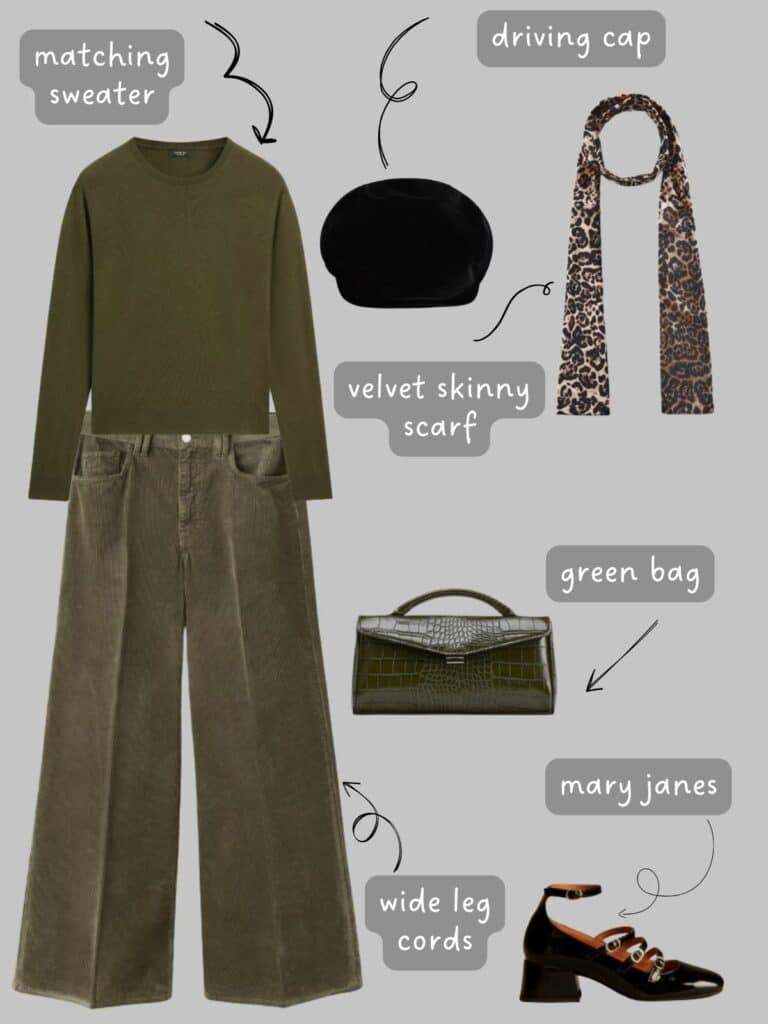 A photo of an outfit of an green sweater and green cords, a black driving cap, velvet skinny scarf, block heel mary janes, and a matching green bag.