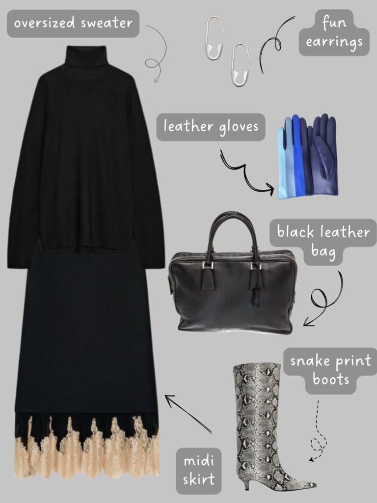 A photo of an outfit of an oversized, black turtleneck sweater, a black skirt, snake print high boots, blue striped leather gloves, and a black bag.